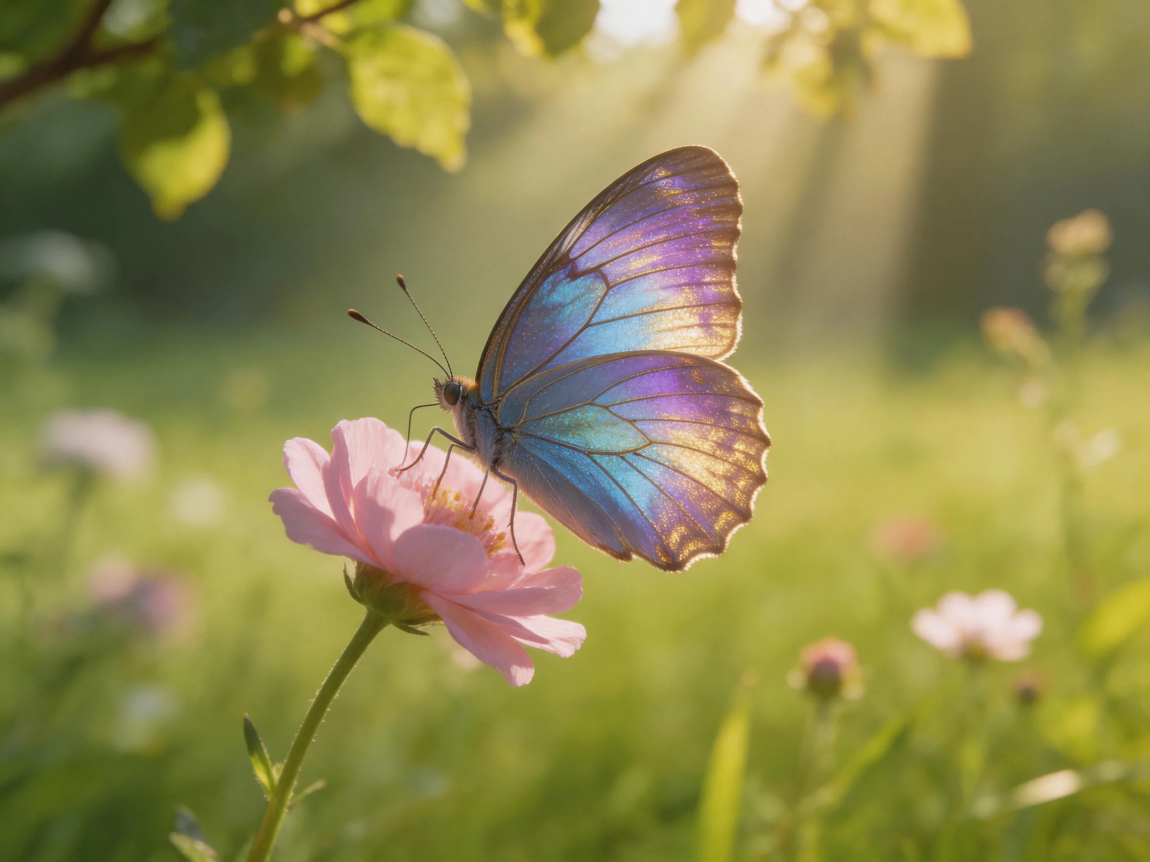 A vibrant blue-purple butterfly perches on a soft pink flower amid lush greenery