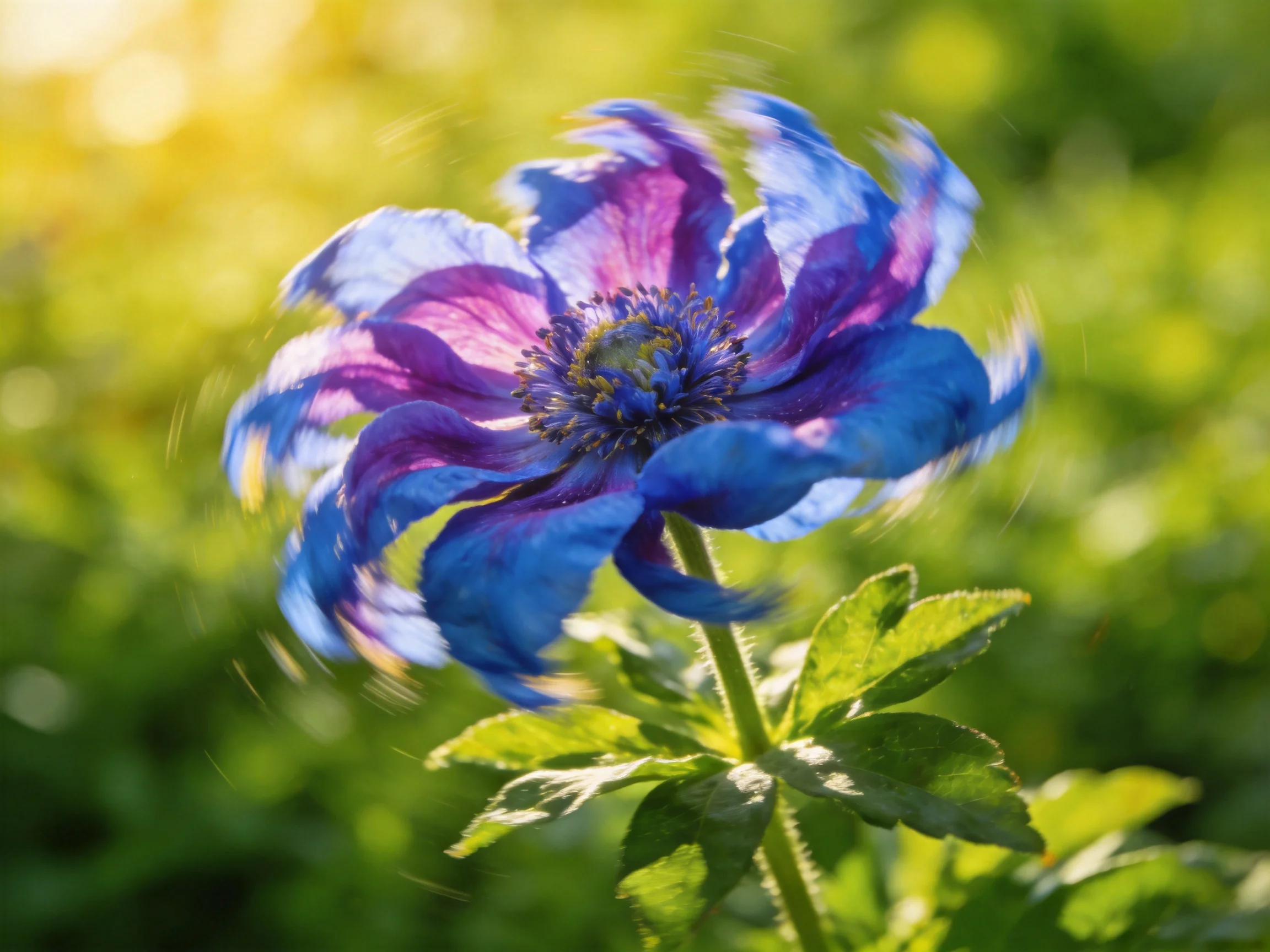 A vibrant blue-purple flower sways in a sunlit green landscape