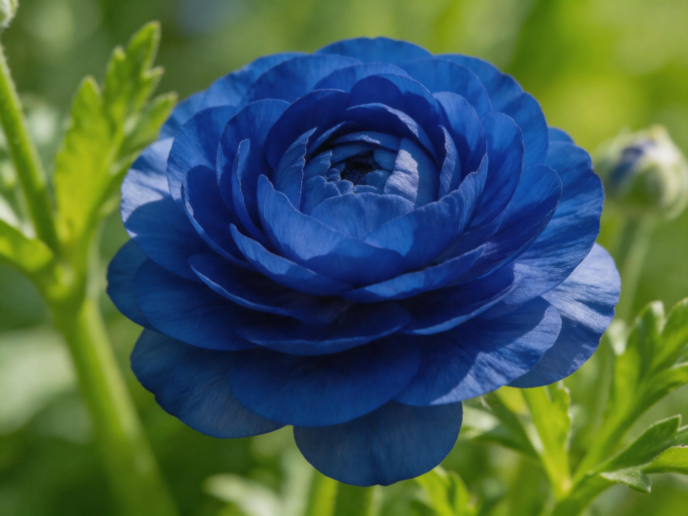 A vibrant blue ranunculus flower with lush green foliage