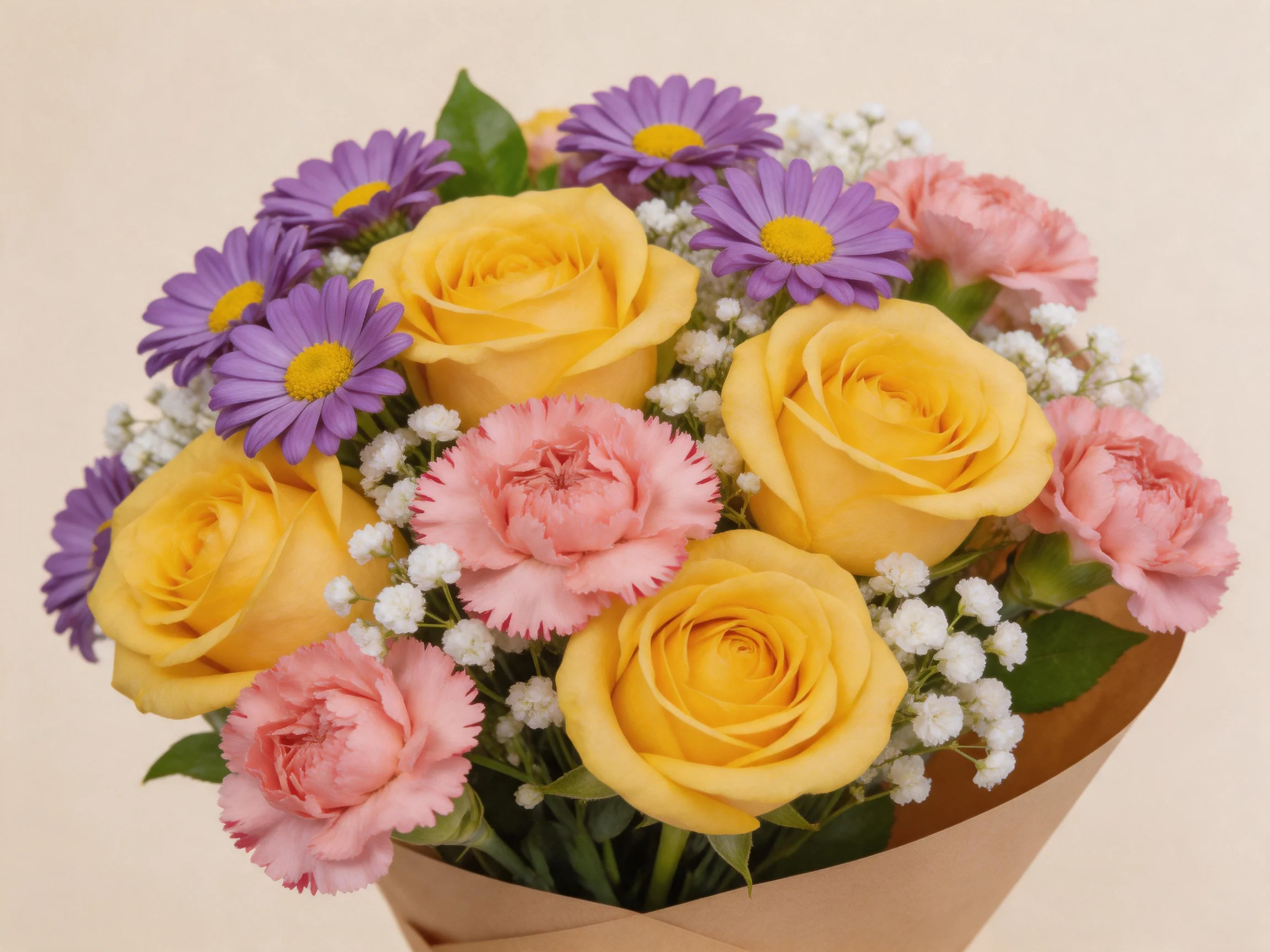 A vibrant bouquet featuring yellow roses, purple daisies, and pink carnations