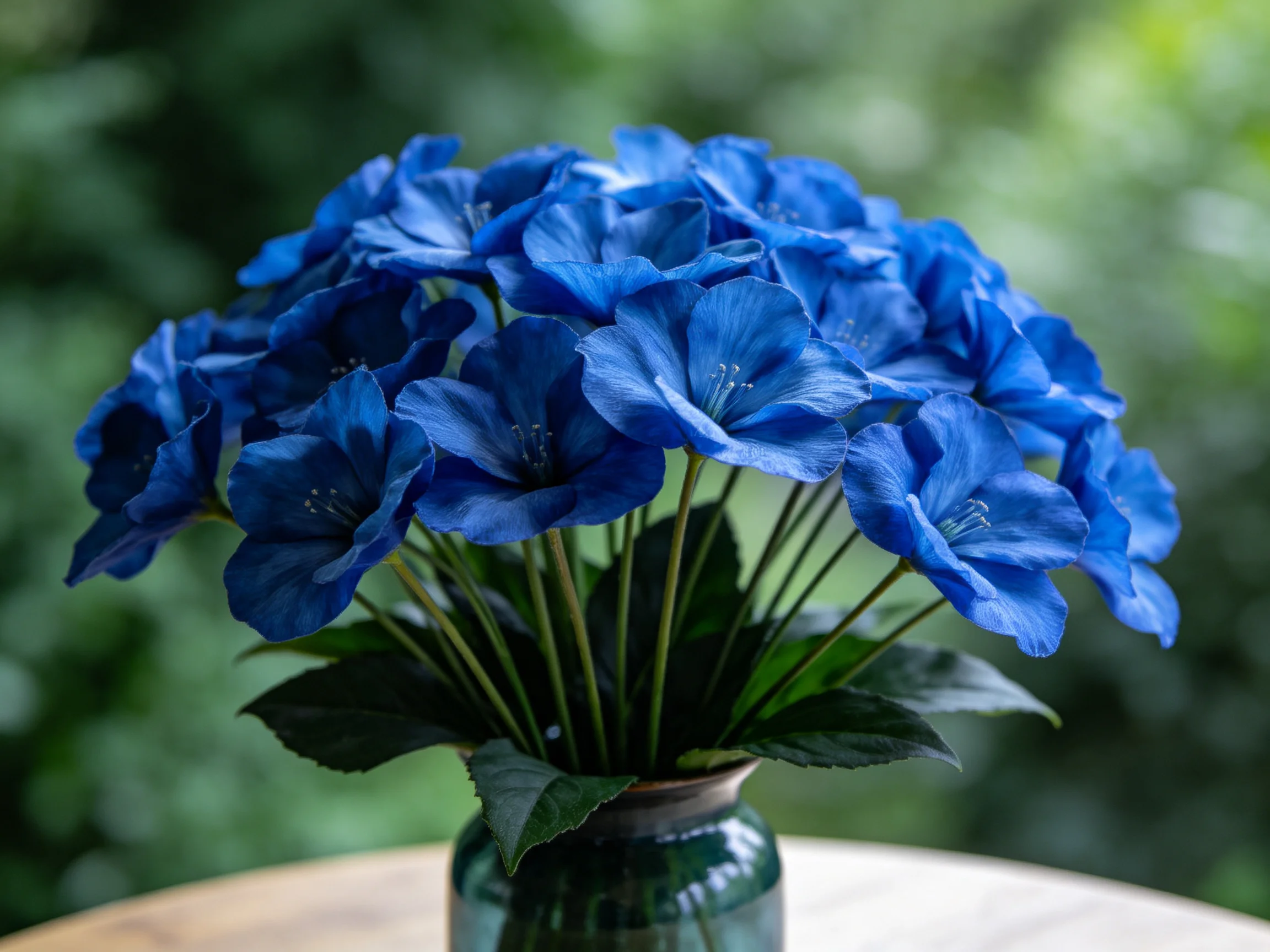 A vibrant bouquet of deep blue flowers in a glass vase
