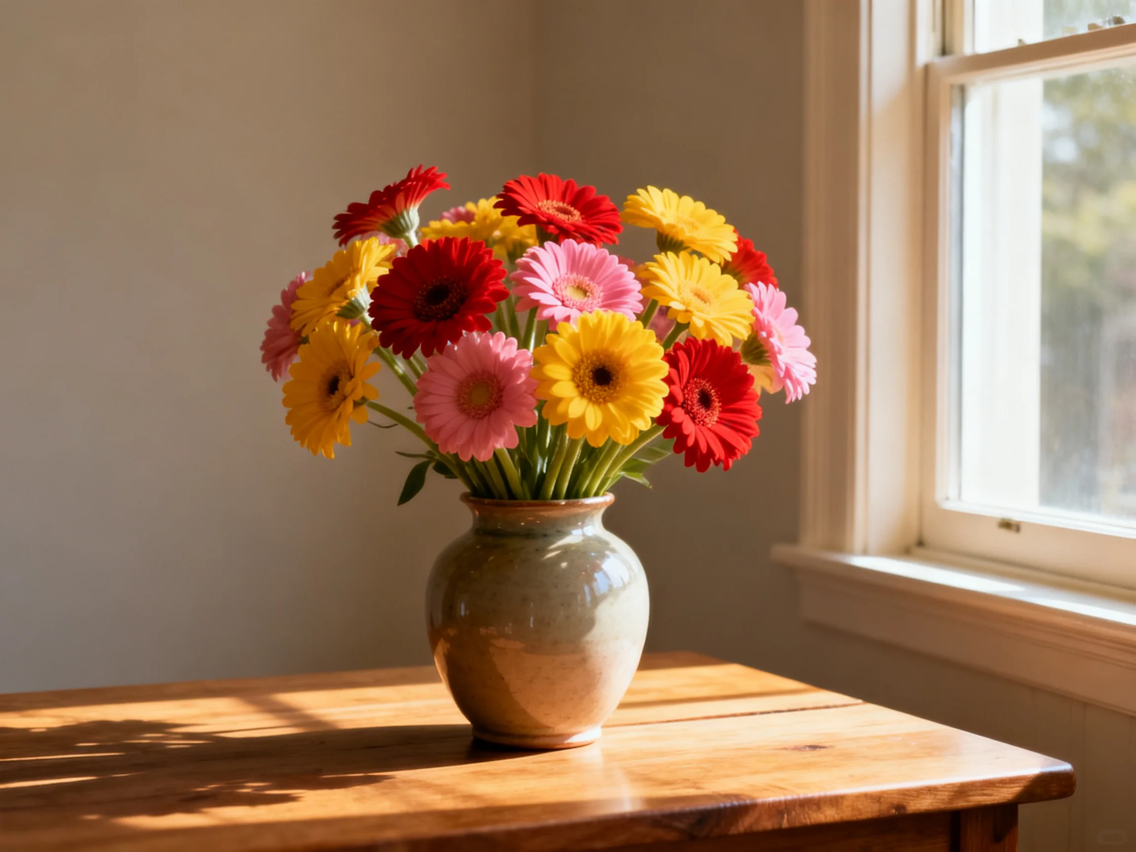 A vibrant bouquet of multicolored gerbera daisies in a ceramic vase