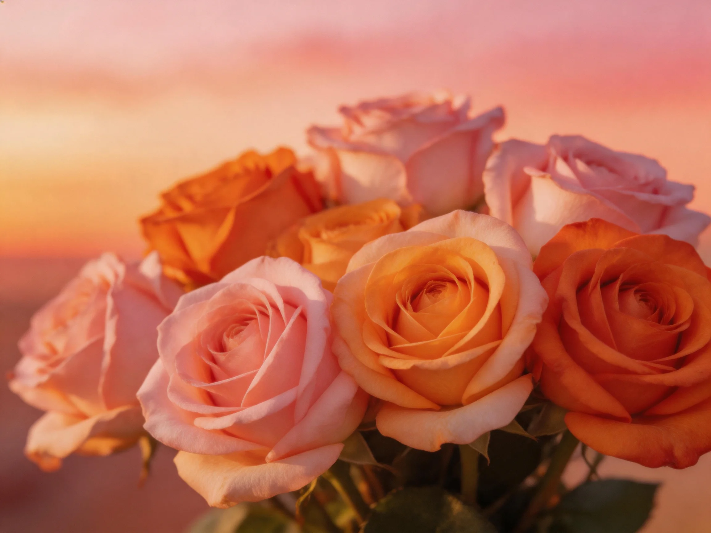 A vibrant bouquet of pink and orange roses under warm sunset lighting