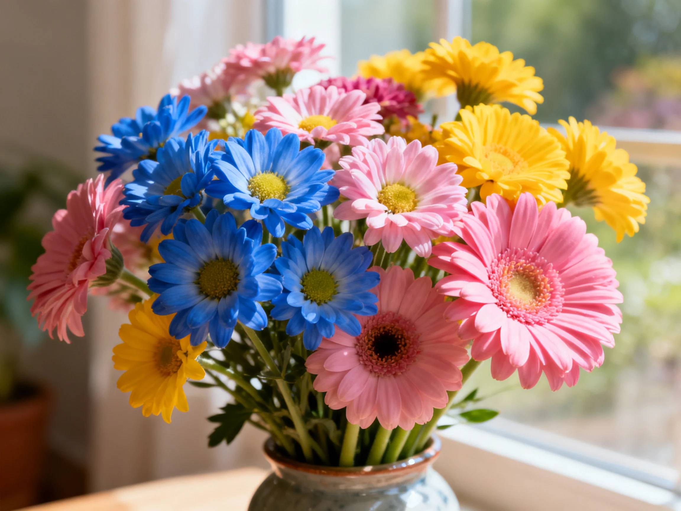 A vibrant bouquet of pink, blue, and yellow gerbera daisies in a ceramic vase