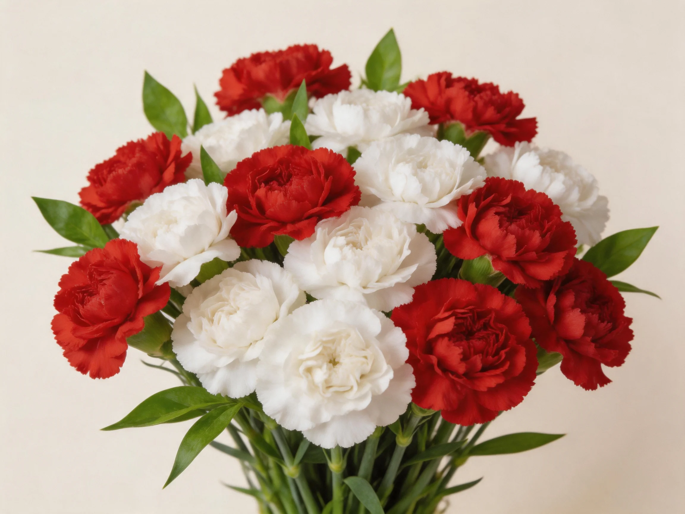A vibrant bouquet of red and white carnations with green leaves