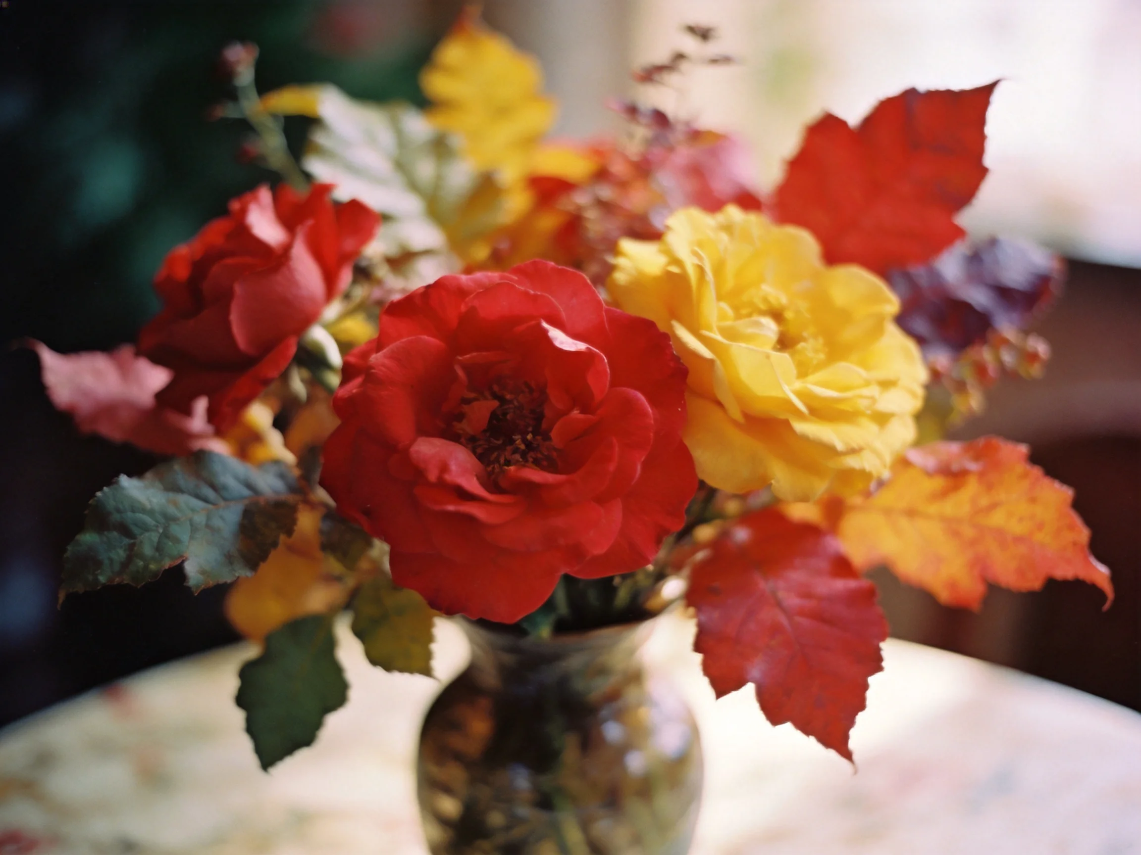 A vibrant bouquet of red and yellow roses with autumn leaves in a glass vase