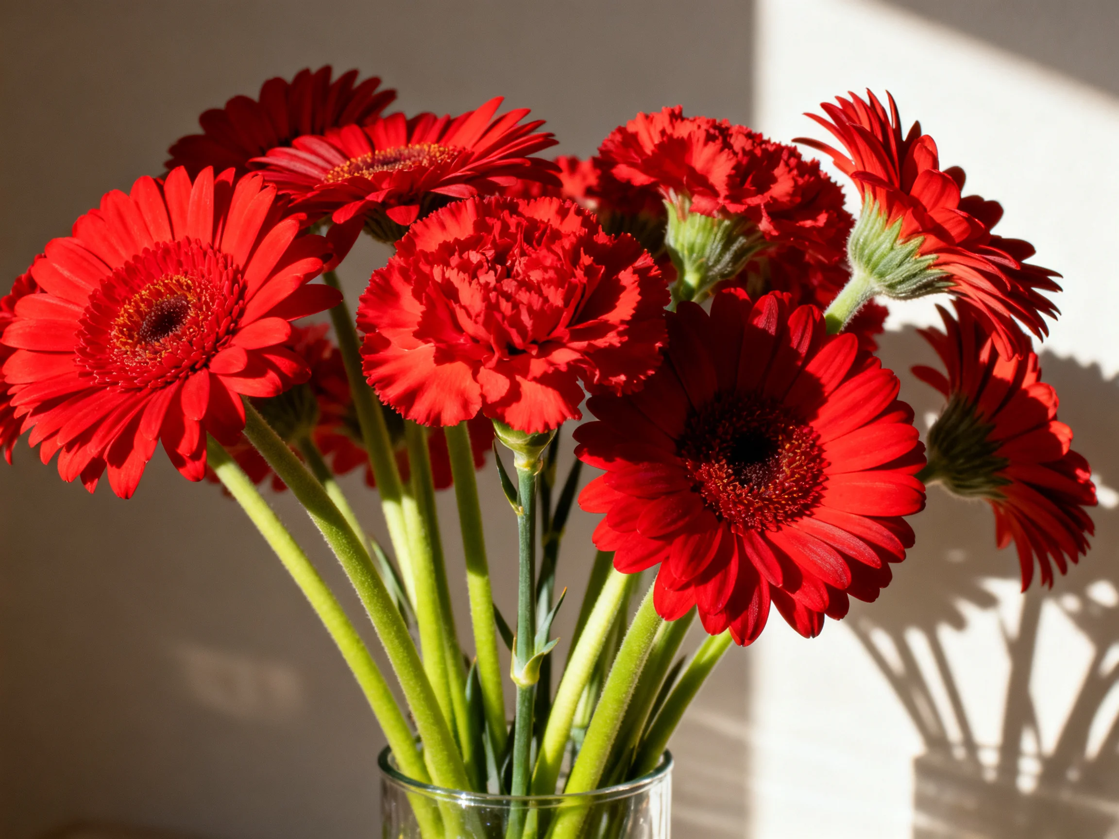 A vibrant bouquet of red gerbera daisies and carnations