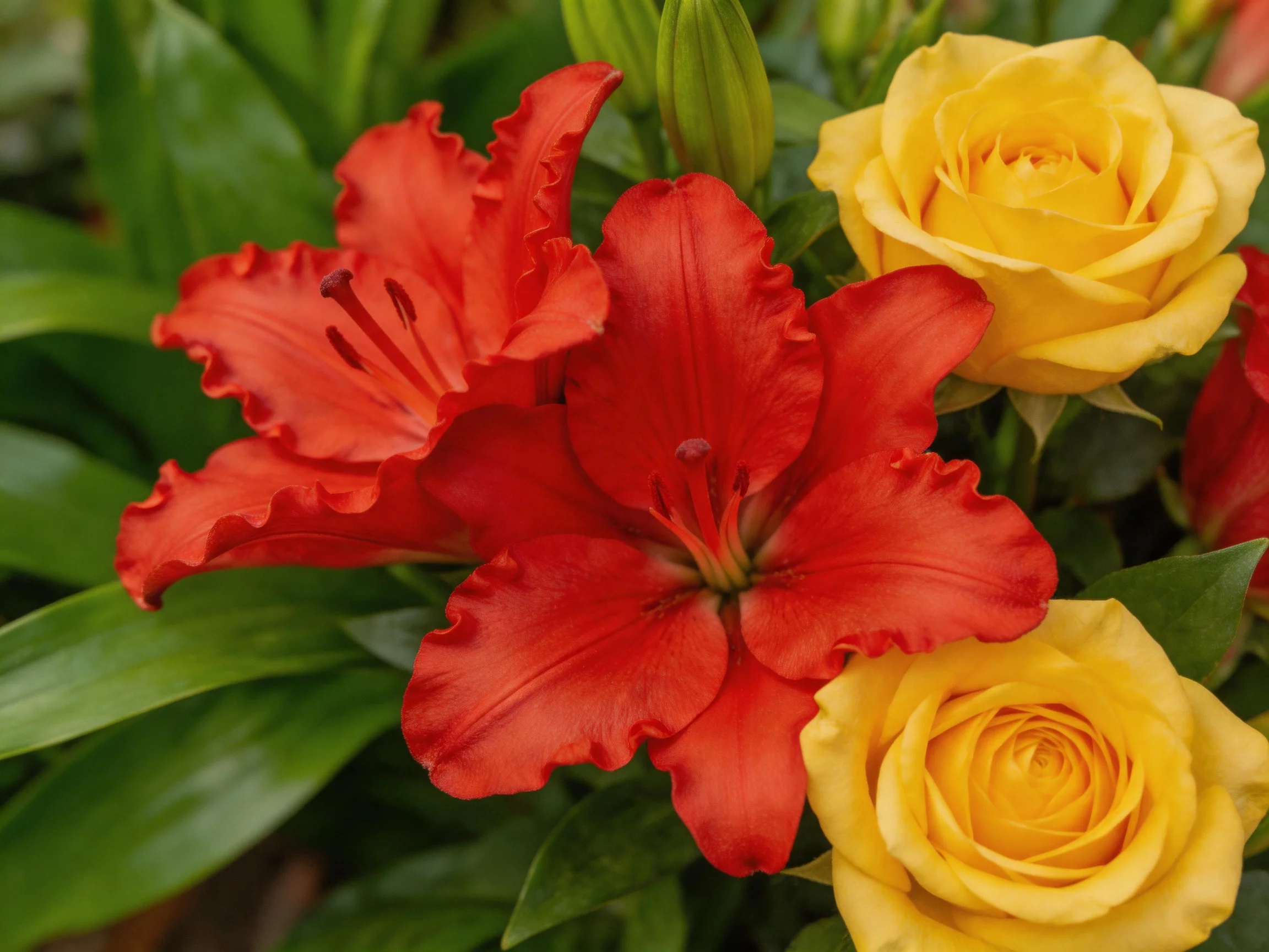 A vibrant bouquet of red lilies and yellow roses with lush green foliage