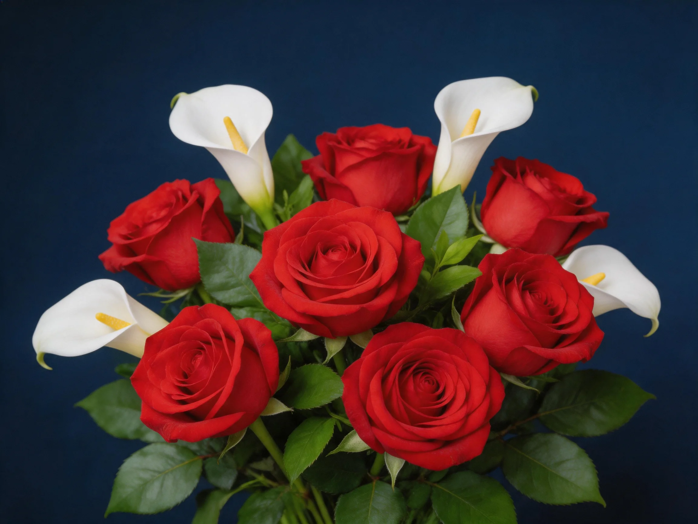 A vibrant bouquet of red roses and white calla lilies