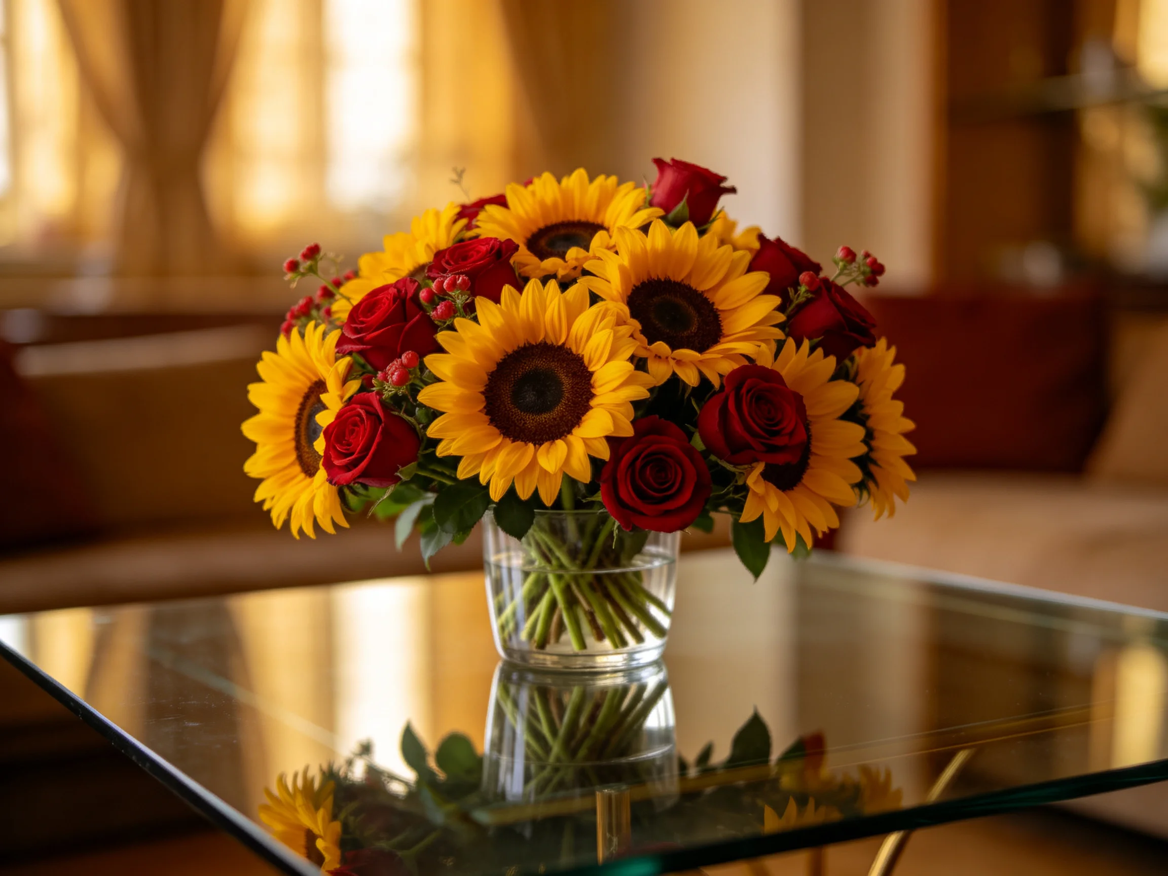 A vibrant bouquet of sunflowers and red roses in a glass vase