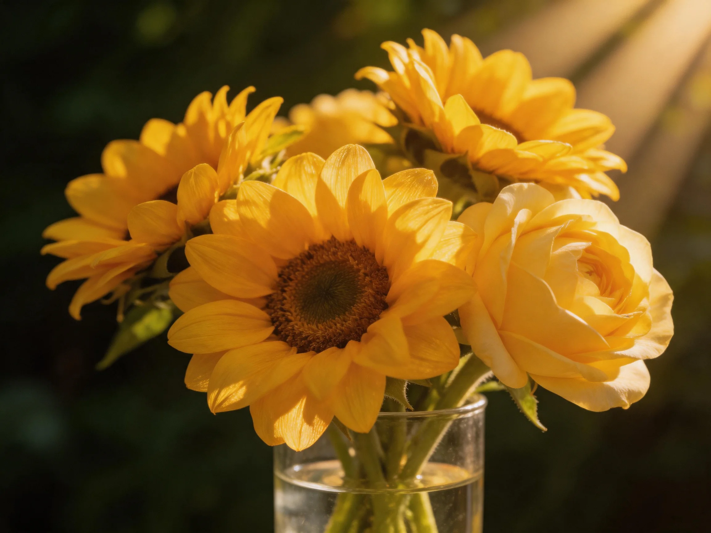 A vibrant bouquet of yellow sunflowers and roses in a glass vase