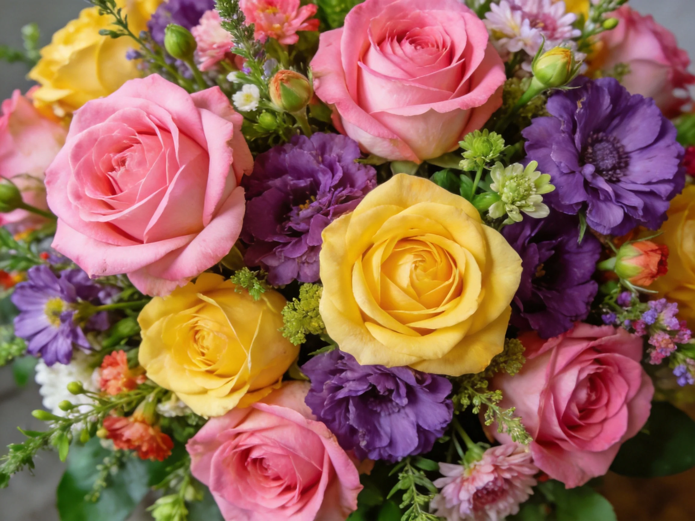 A vibrant bouquet with pink, yellow, and purple flowers