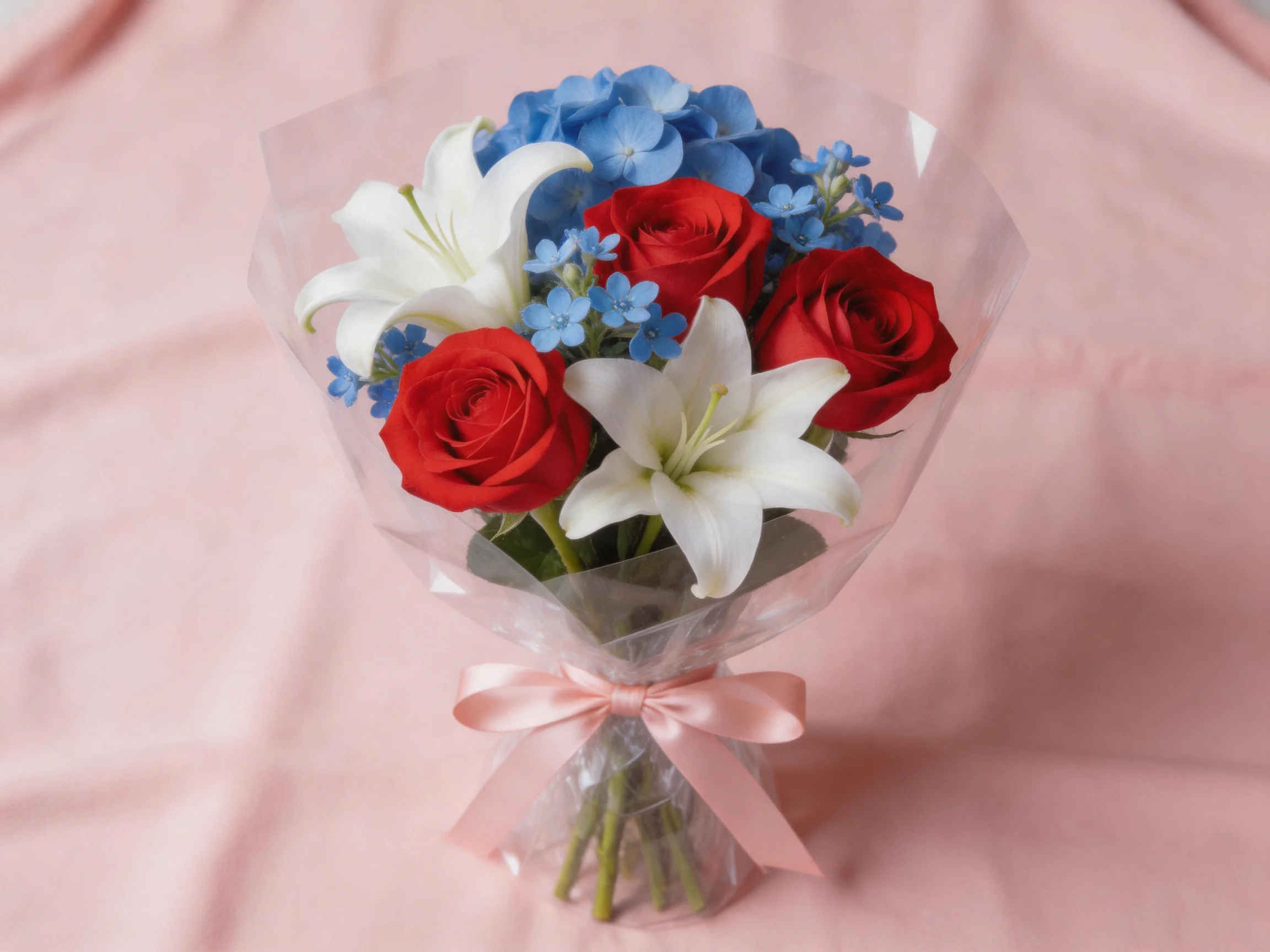 A vibrant bouquet with red roses, white lilies, and blue flowers wrapped in plastic