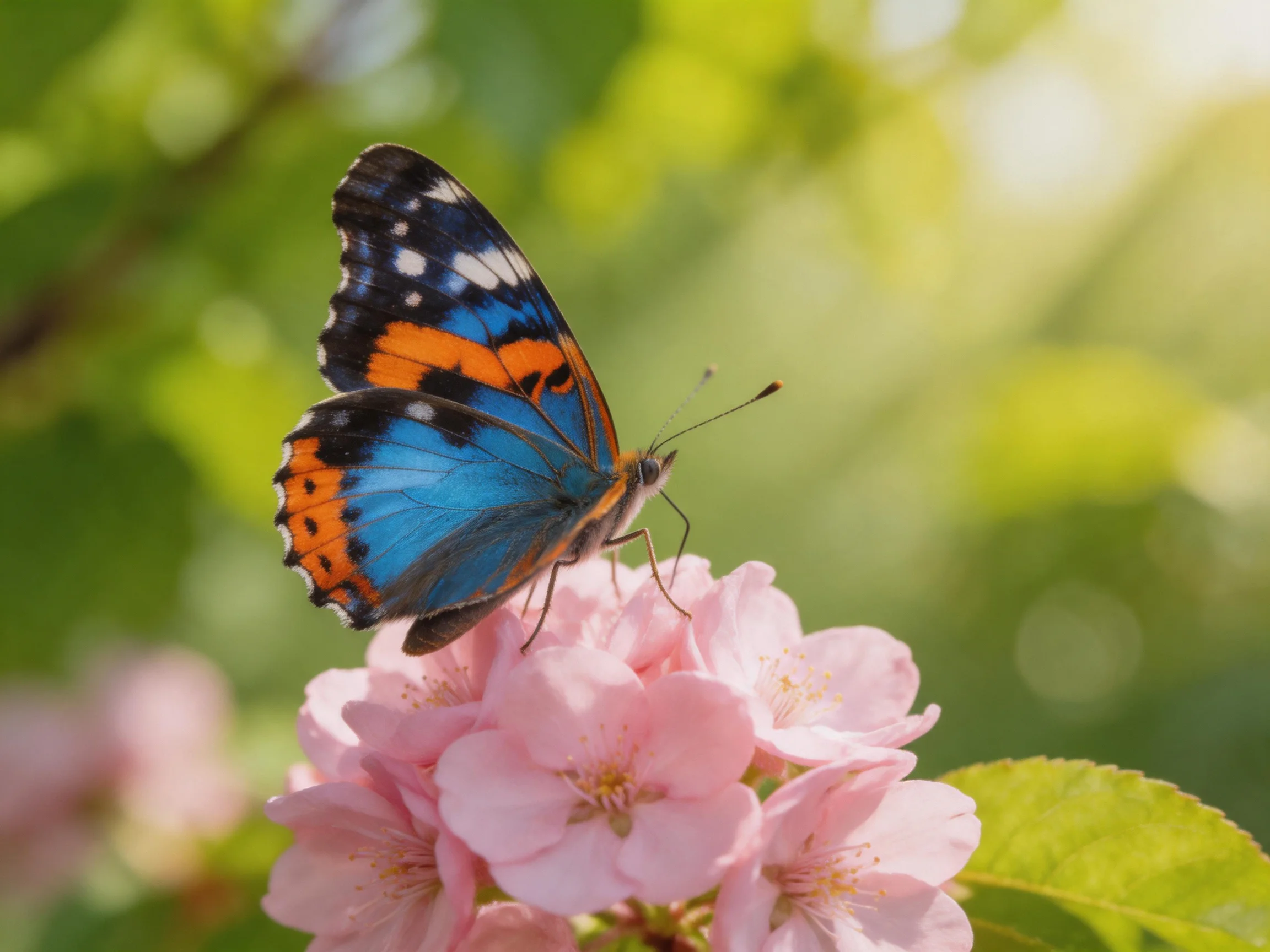 A vibrant butterfly perched on soft pink flowers with green foliage