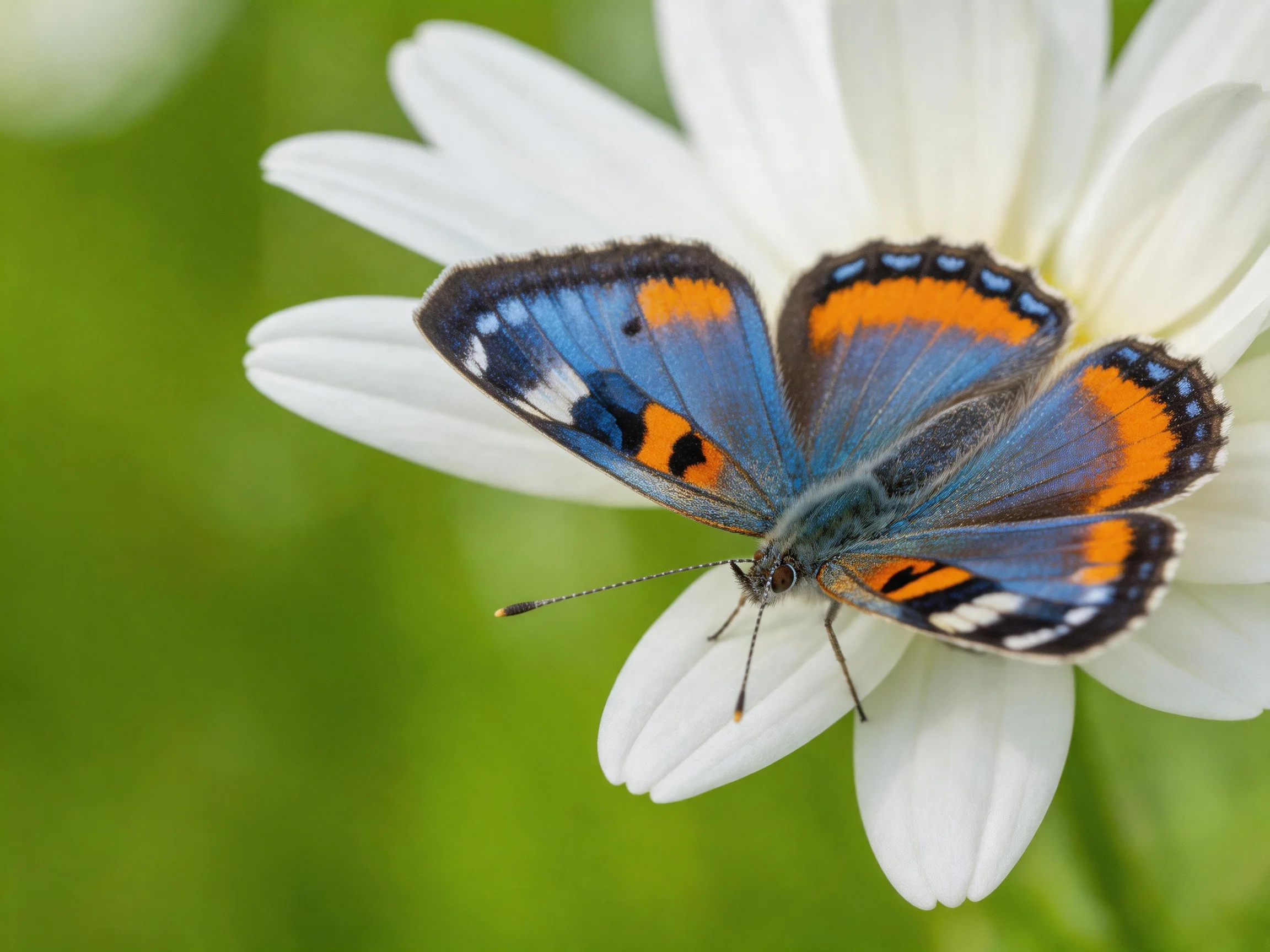 A vibrant butterfly with blue and orange wings rests on a white flower