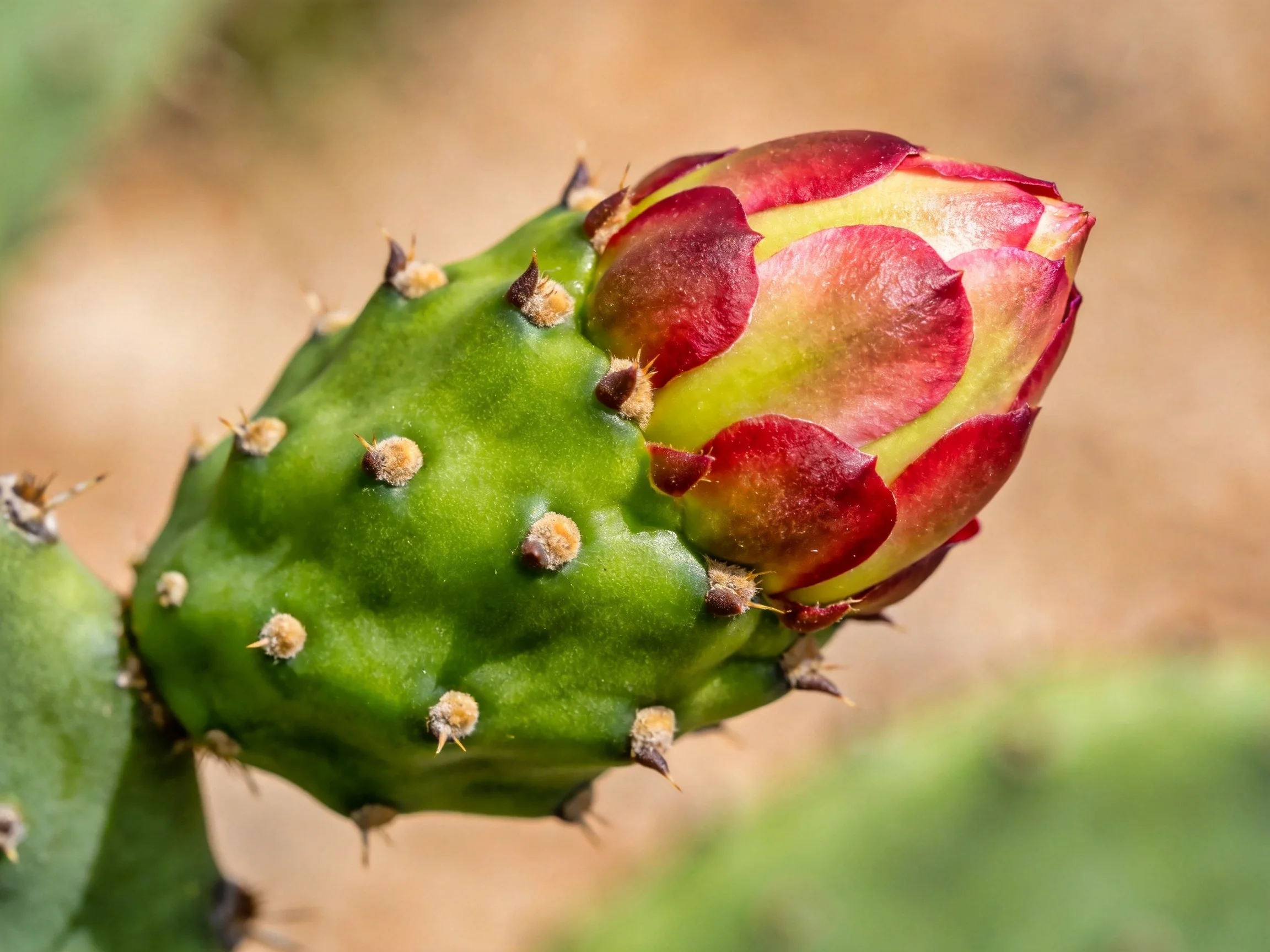 A vibrant cactus bud with red-yellow petals on a green spiky pad