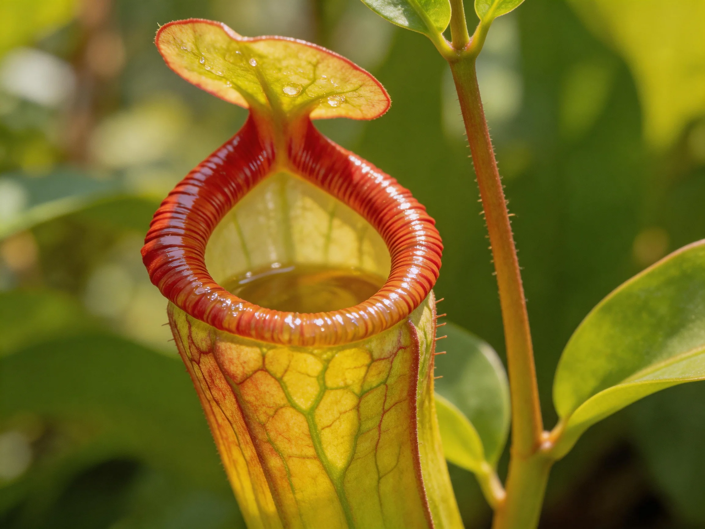 A carnivorous pitcher plant with red-trimmed, yellow-green body is surrounded by foliage.