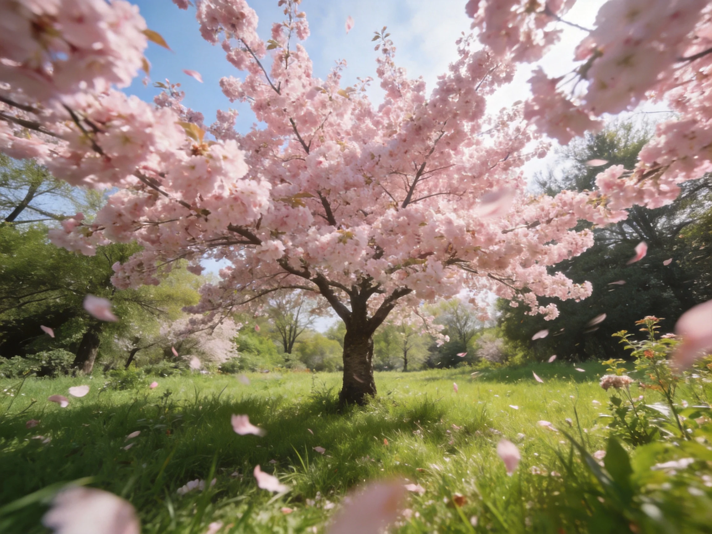 A vibrant cherry blossom tree blooms amid lush green grass under sunny skies