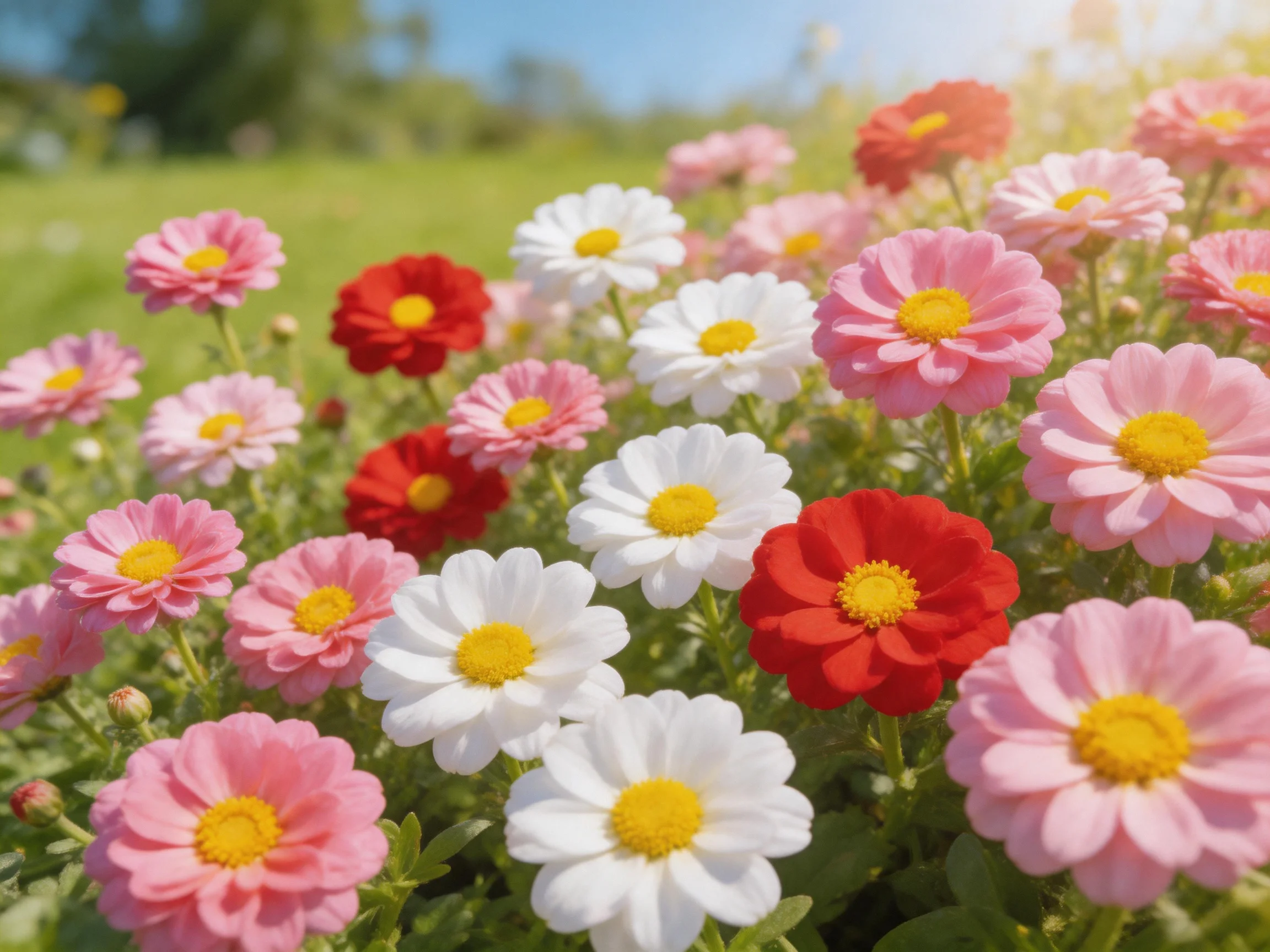 A sunlit meadow showcases colorful daisies in pink, white, and red.