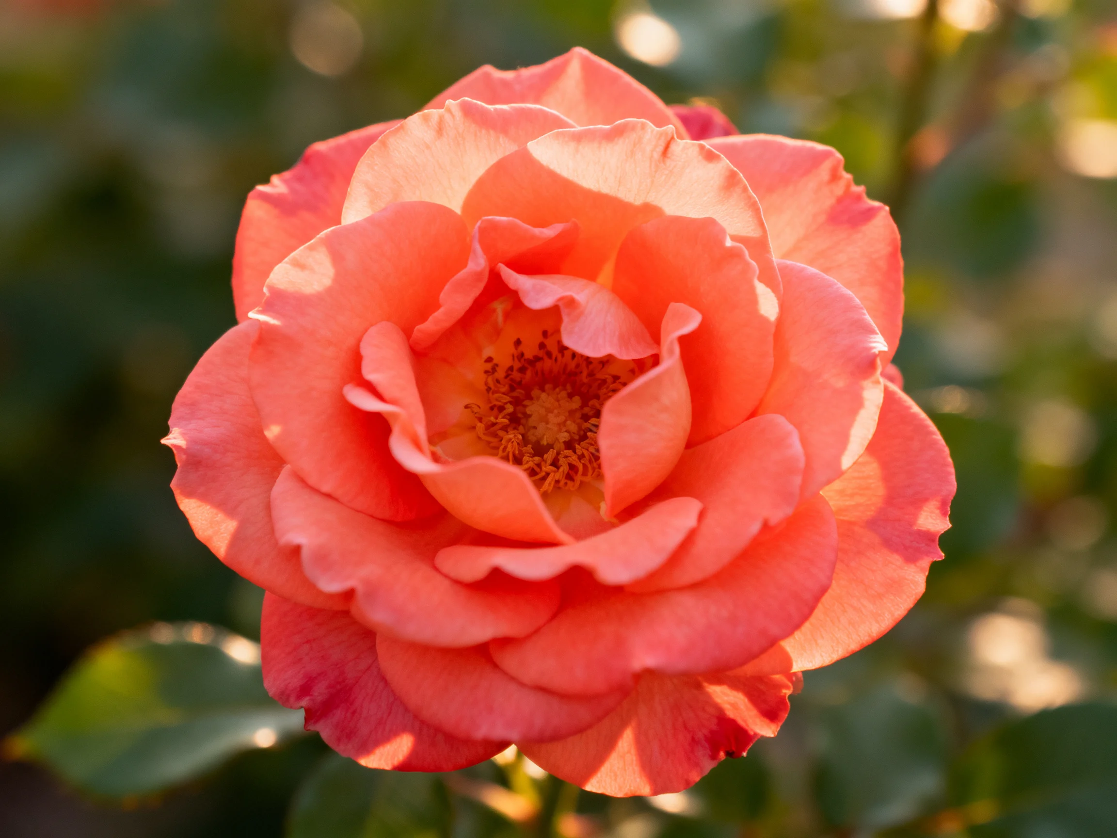 A vibrant coral rose with layered petals in soft natural light