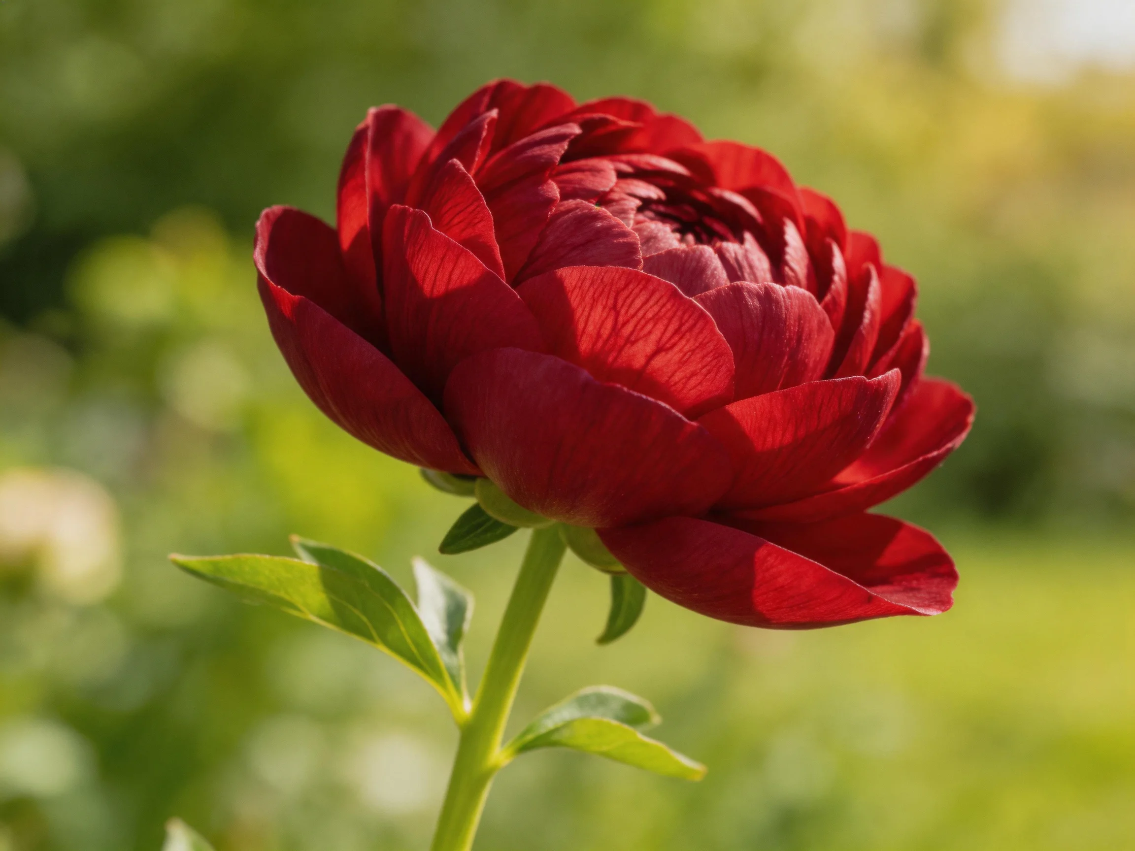 A vibrant crimson peony blooms against a soft green backdrop