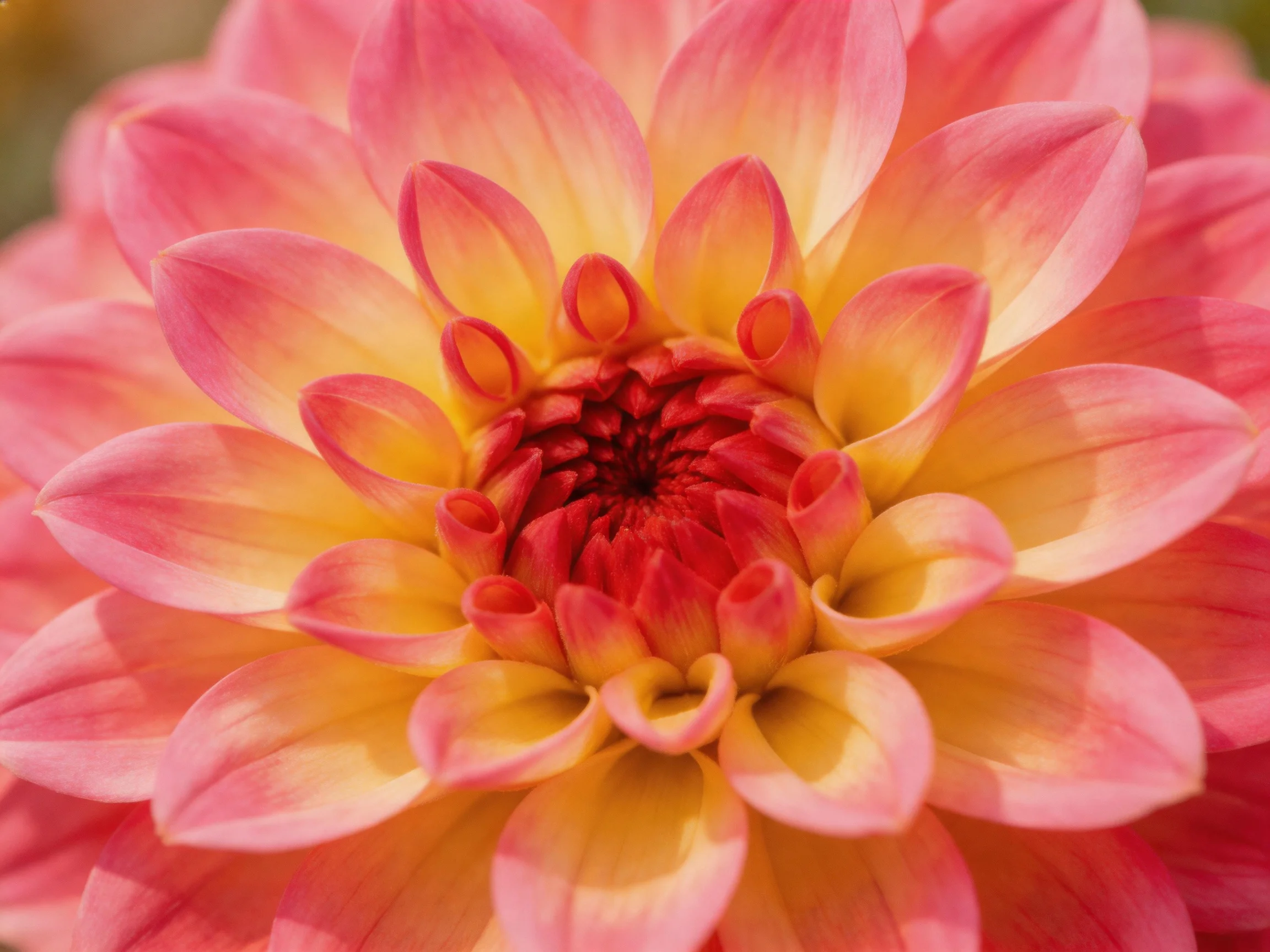 A vibrant dahlia with pink and yellow petals surrounding a red central core
