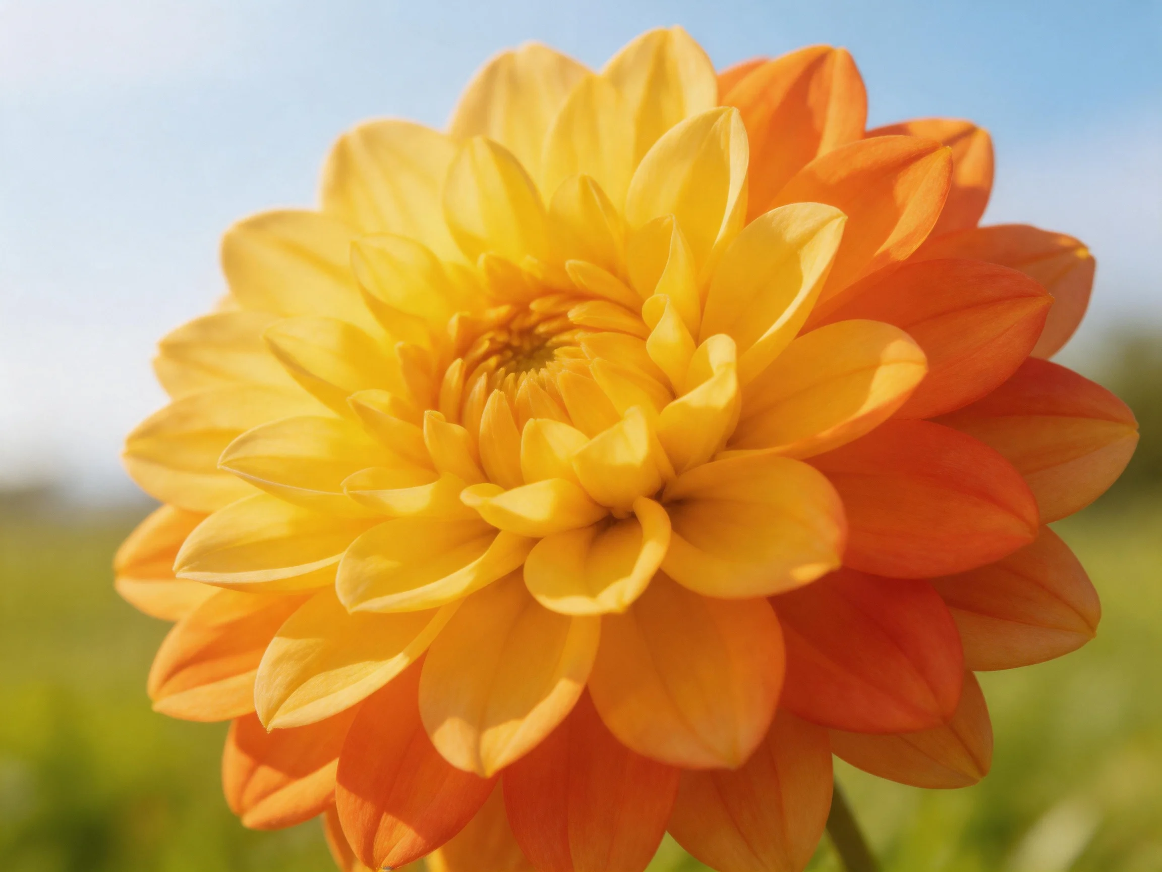 A vibrant dahlia with yellow and orange petals in full bloom