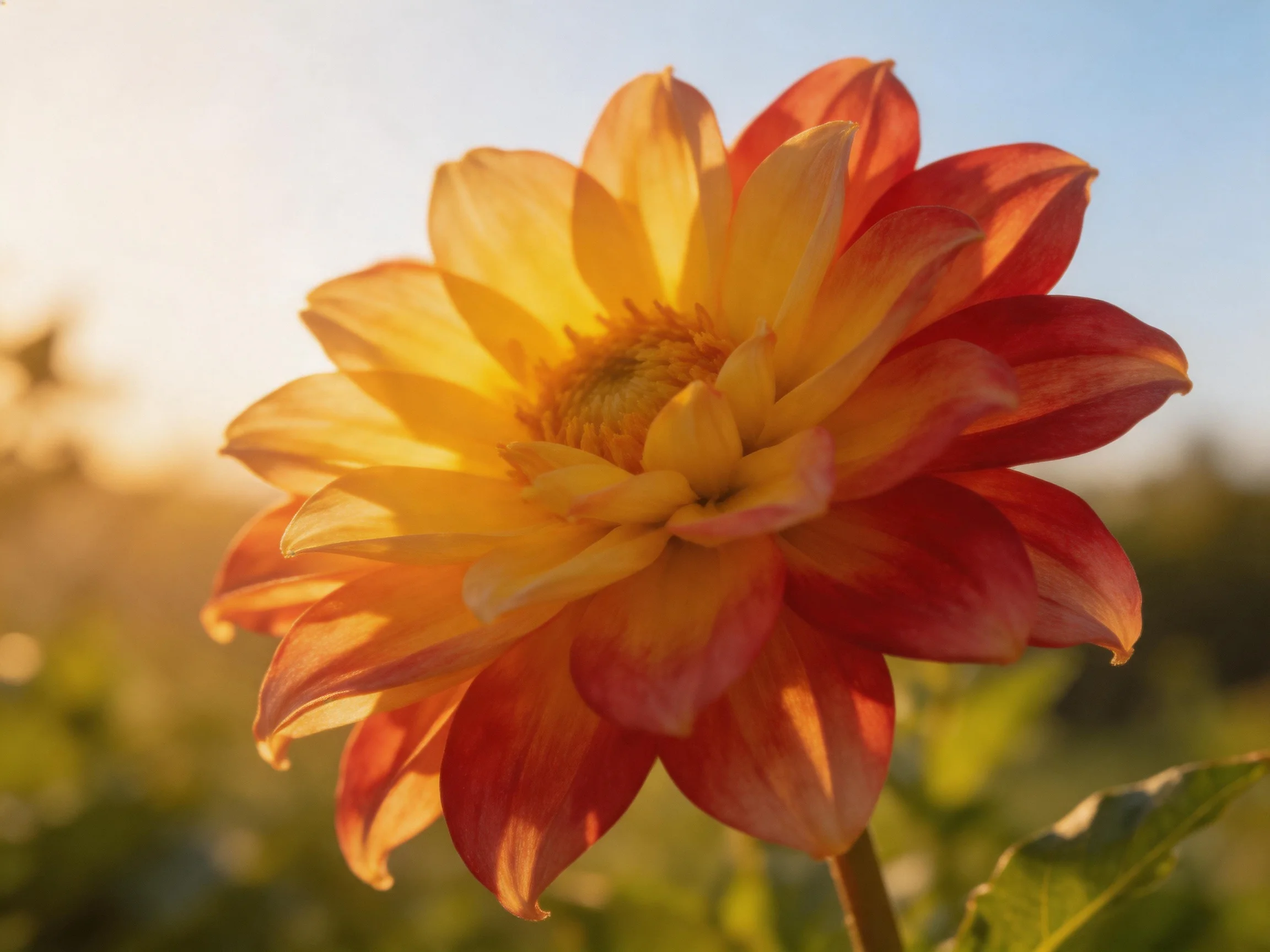 A vibrant dahlia with yellow and reddish-orange petals glowing in sunlight