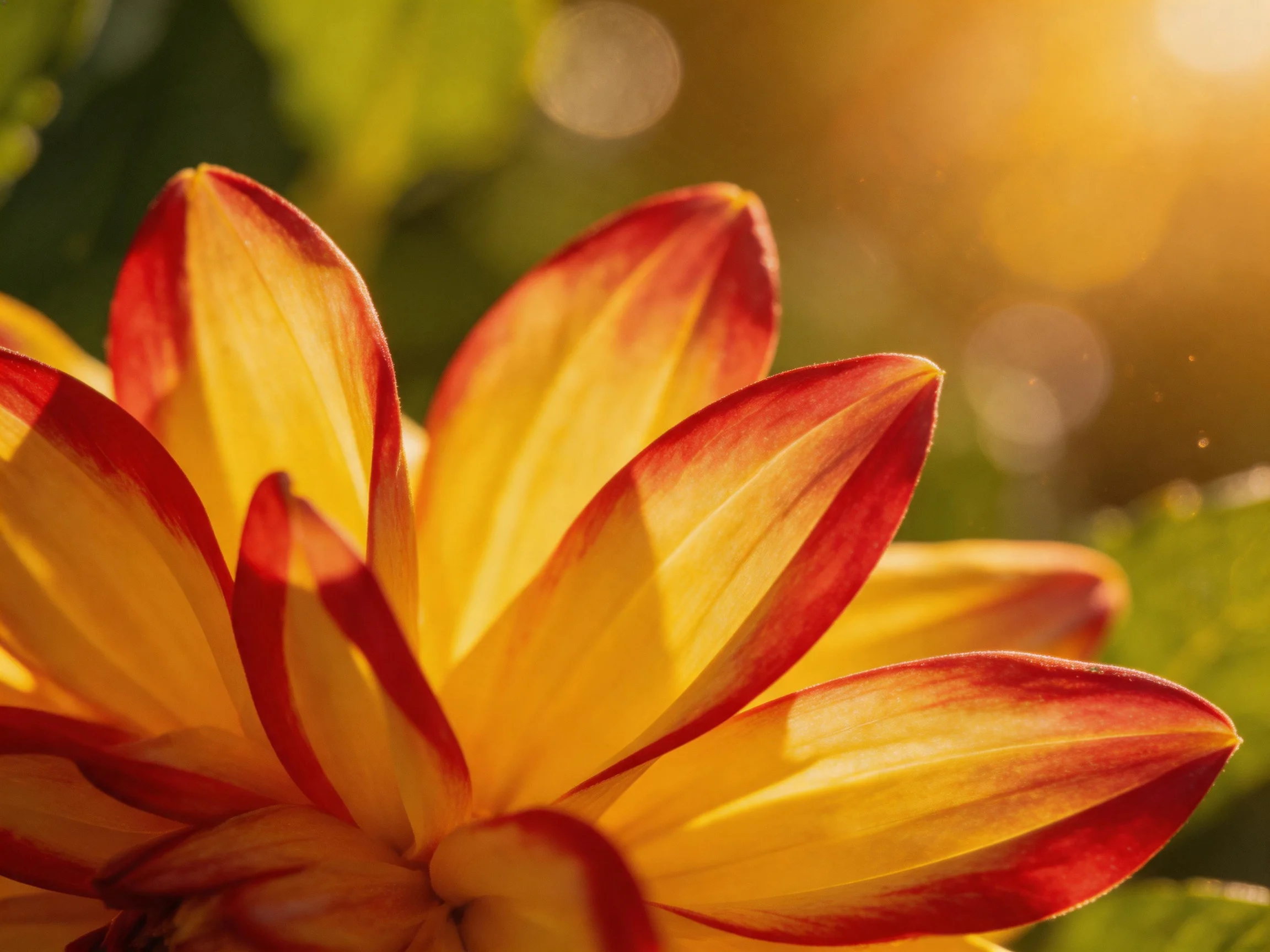 A vibrant dahlia with yellow petals edged in crimson, bathed in golden sunlight