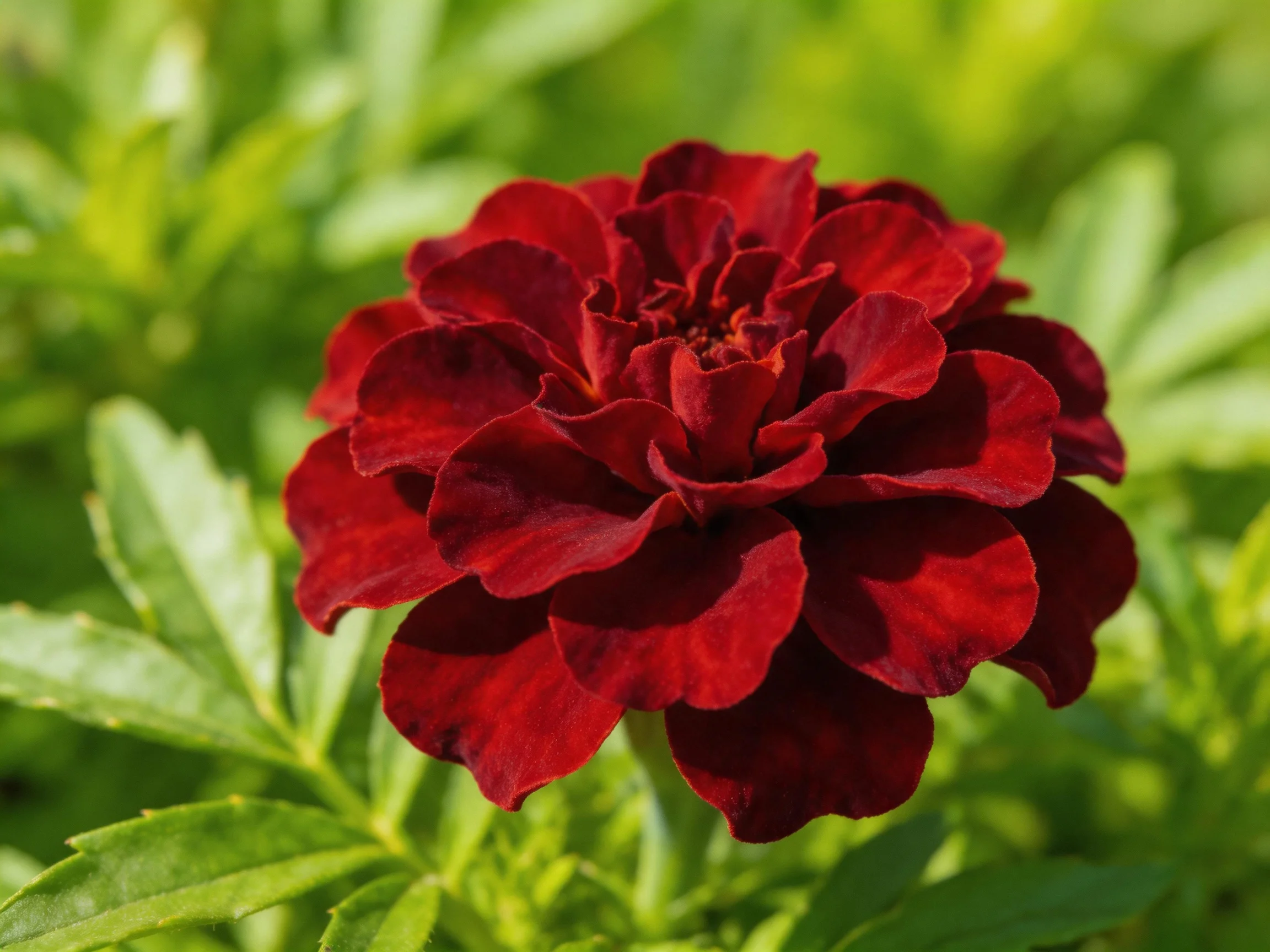 A vibrant dark red flower blooms amidst lush green foliage