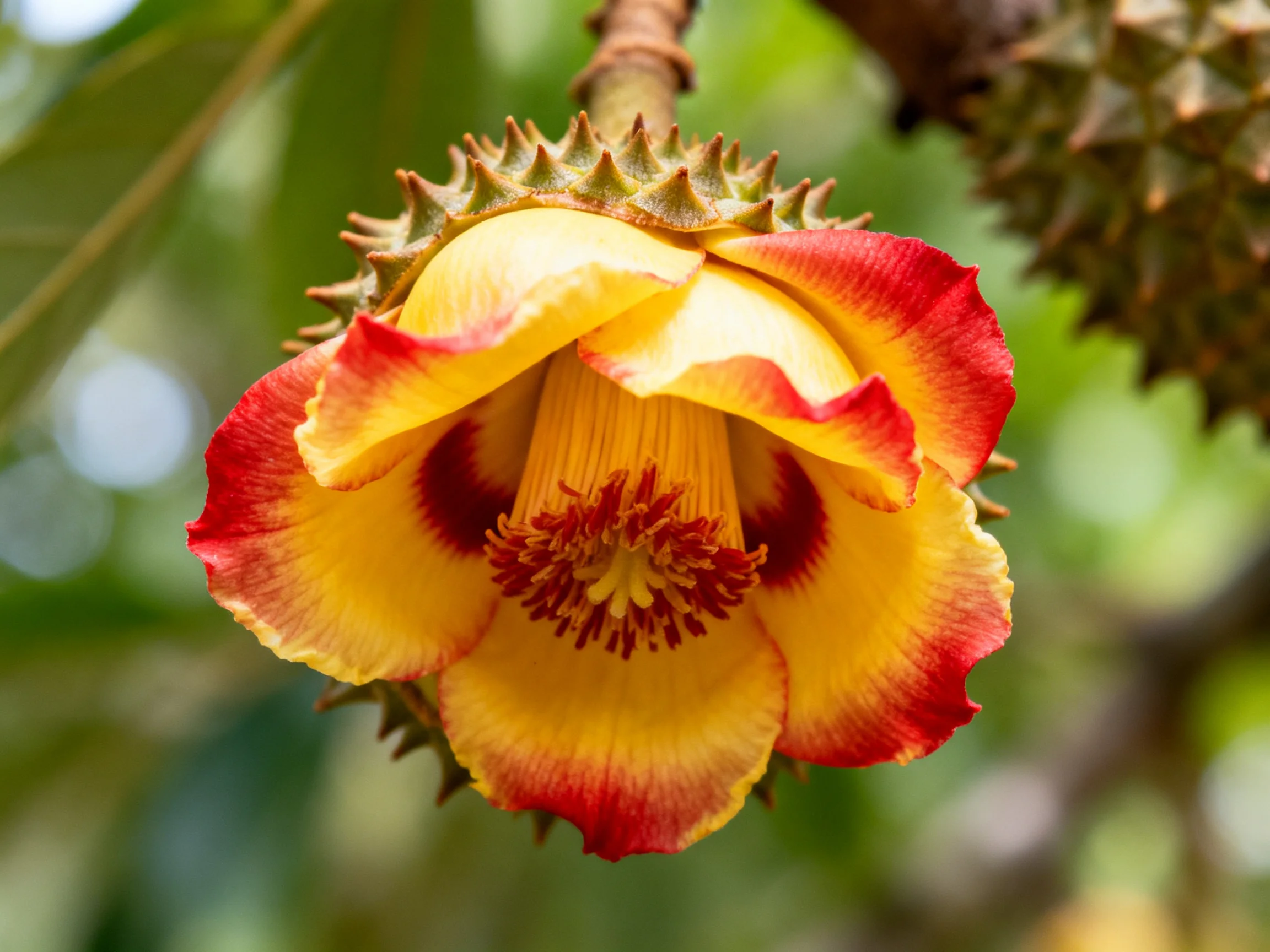A vibrant durian flower with red-trimmed yellow petals and spiky outer shell