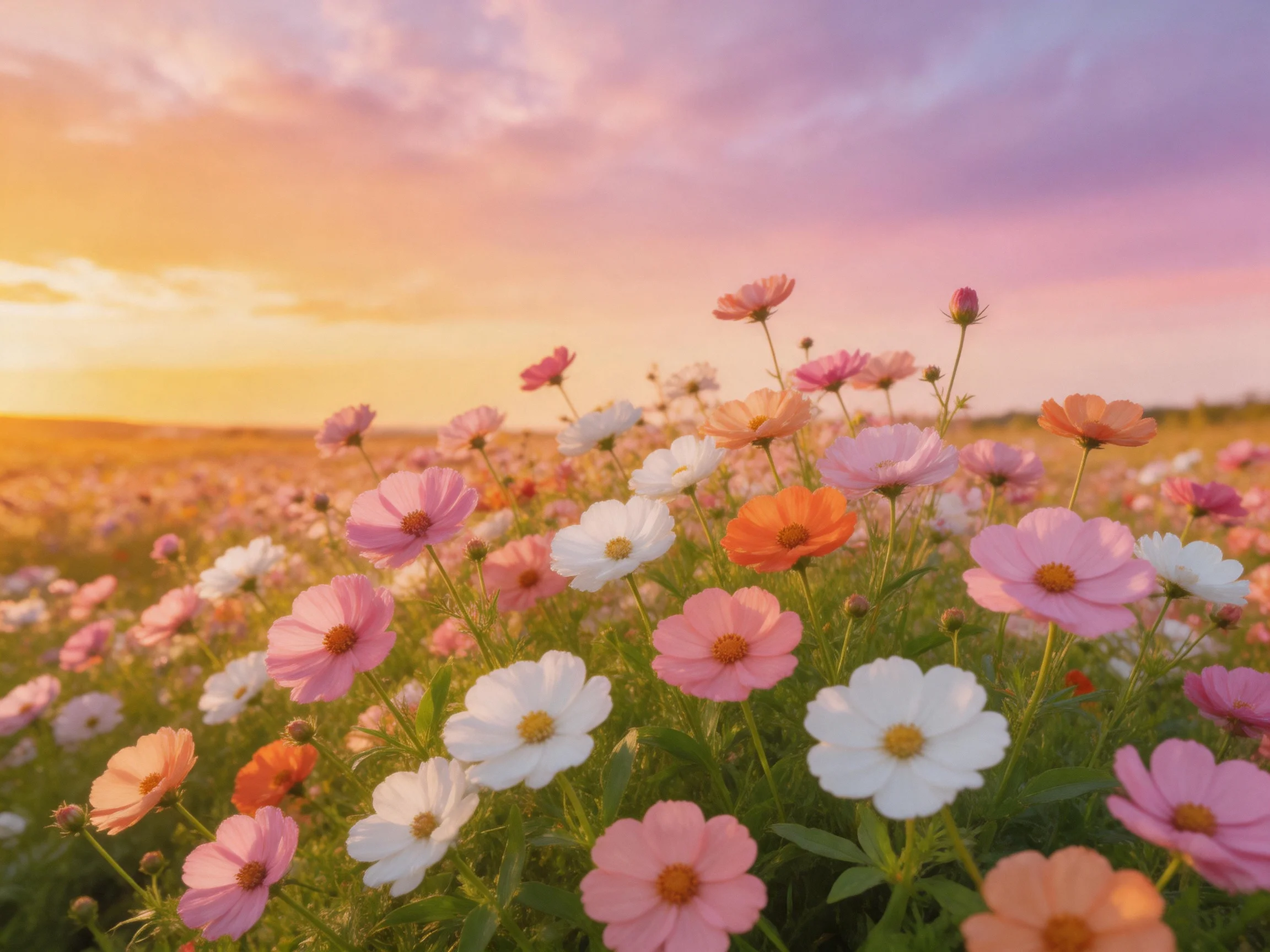 A vibrant field of multicolored flowers blooms under a warm sunset sky