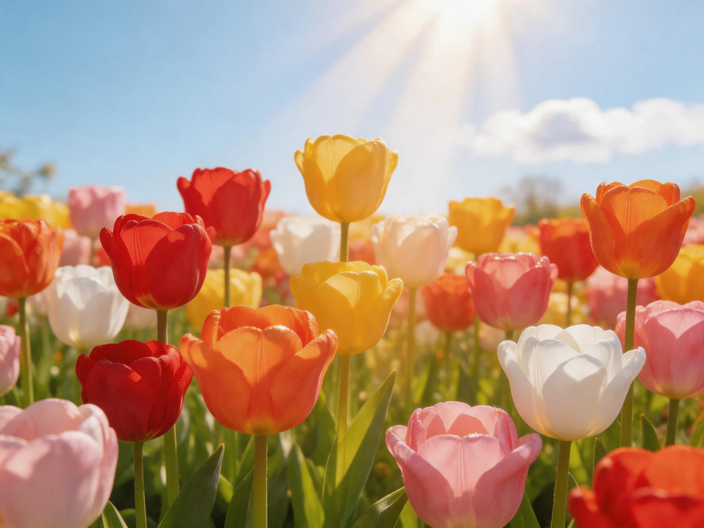 A vibrant field of multicolored tulips basking in sunlight