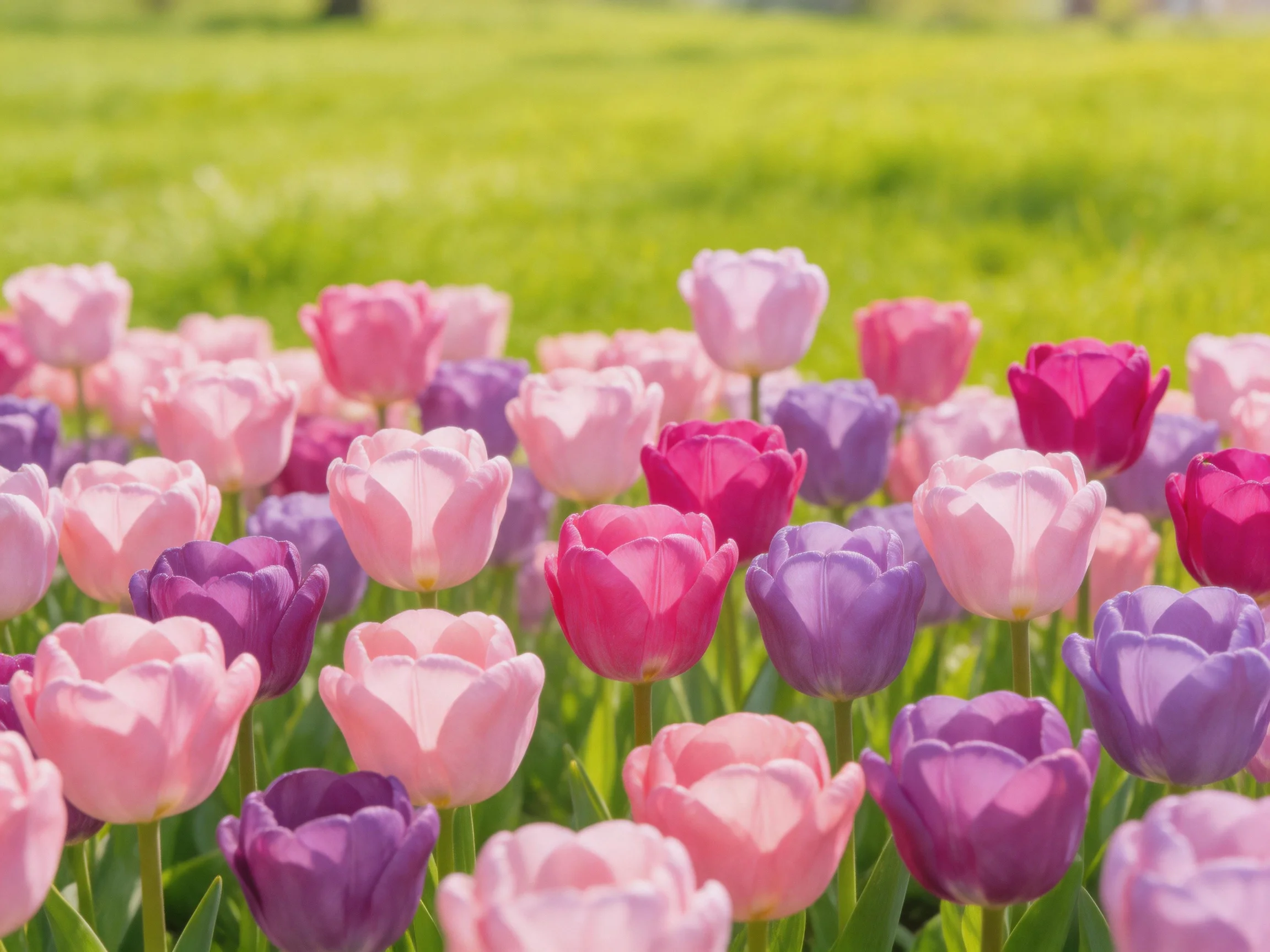 A vibrant field of multicolored tulips in pink, purple, and red