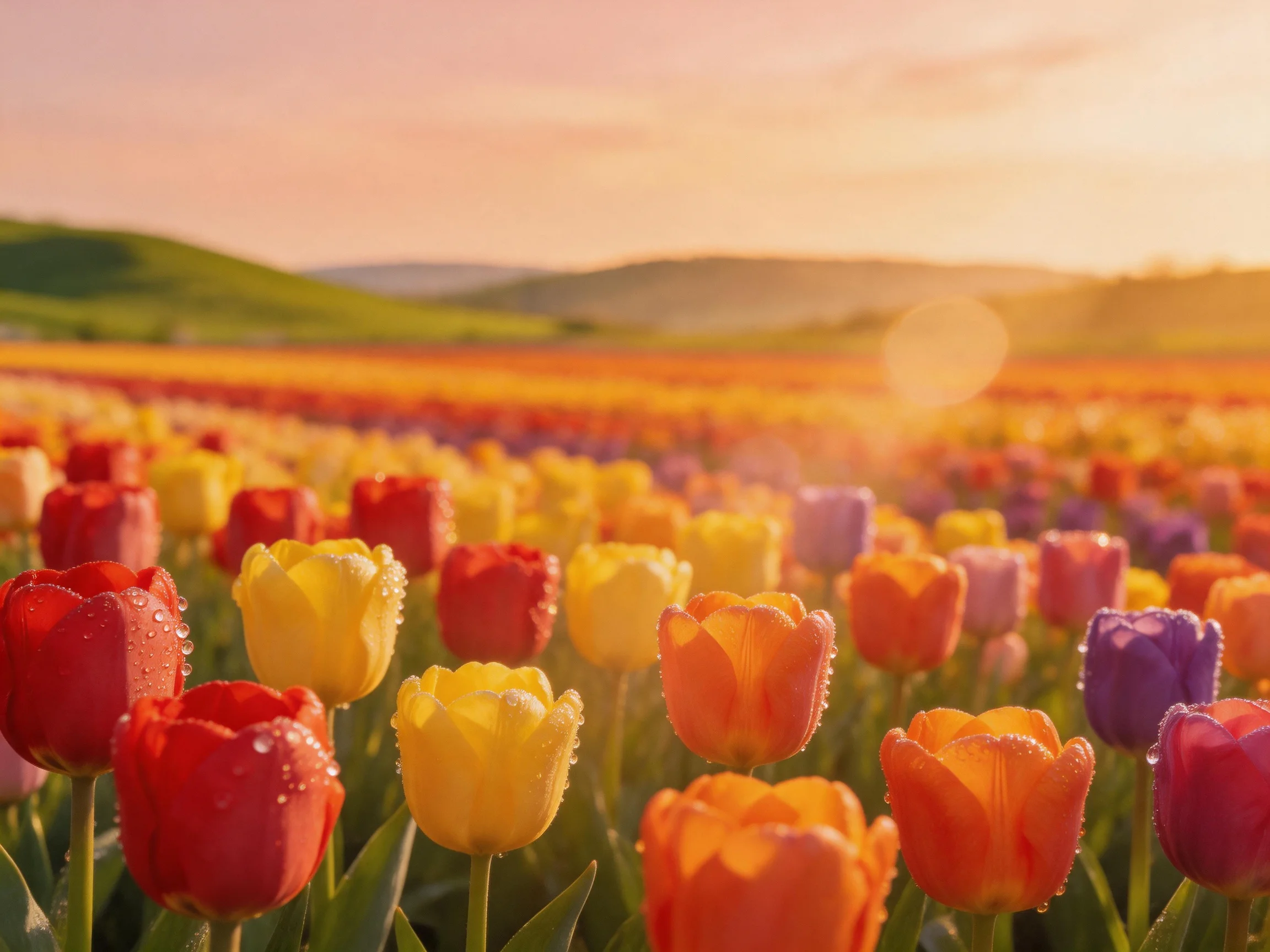 A vibrant field of multicolored tulips with dew drops under golden sunlight