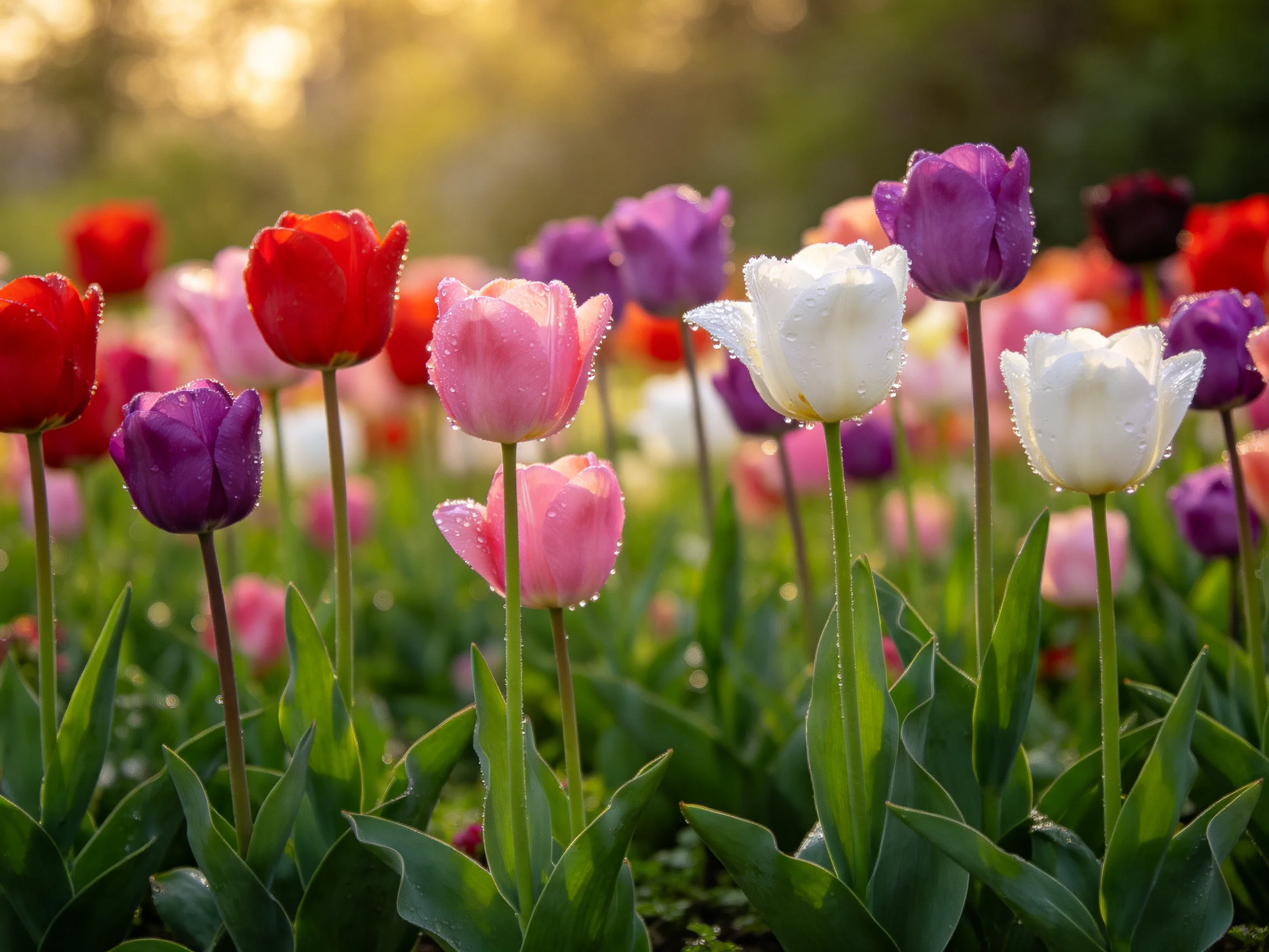 A vibrant field of multicolored tulips with dewdrops under soft sunlight