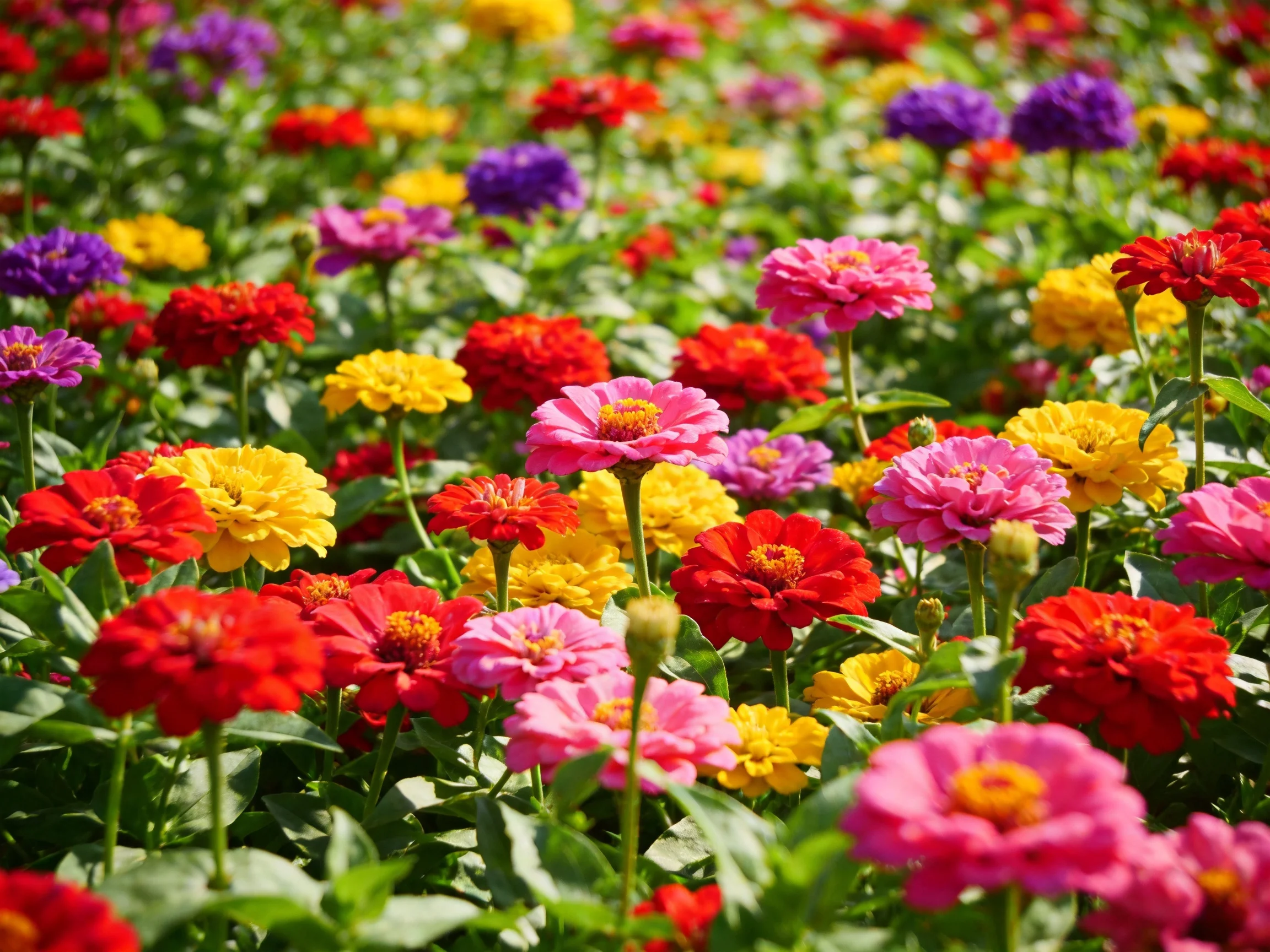 A vibrant field of multicolored zinnias blooming abundantly
