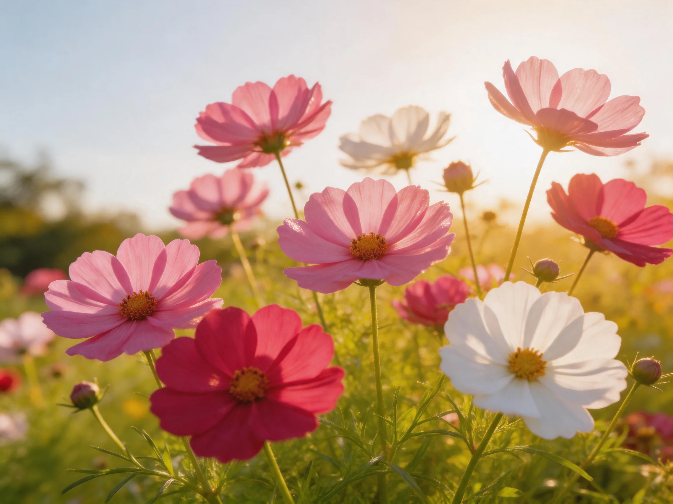 A vibrant field of pink and white cosmos blooms under golden sunlight