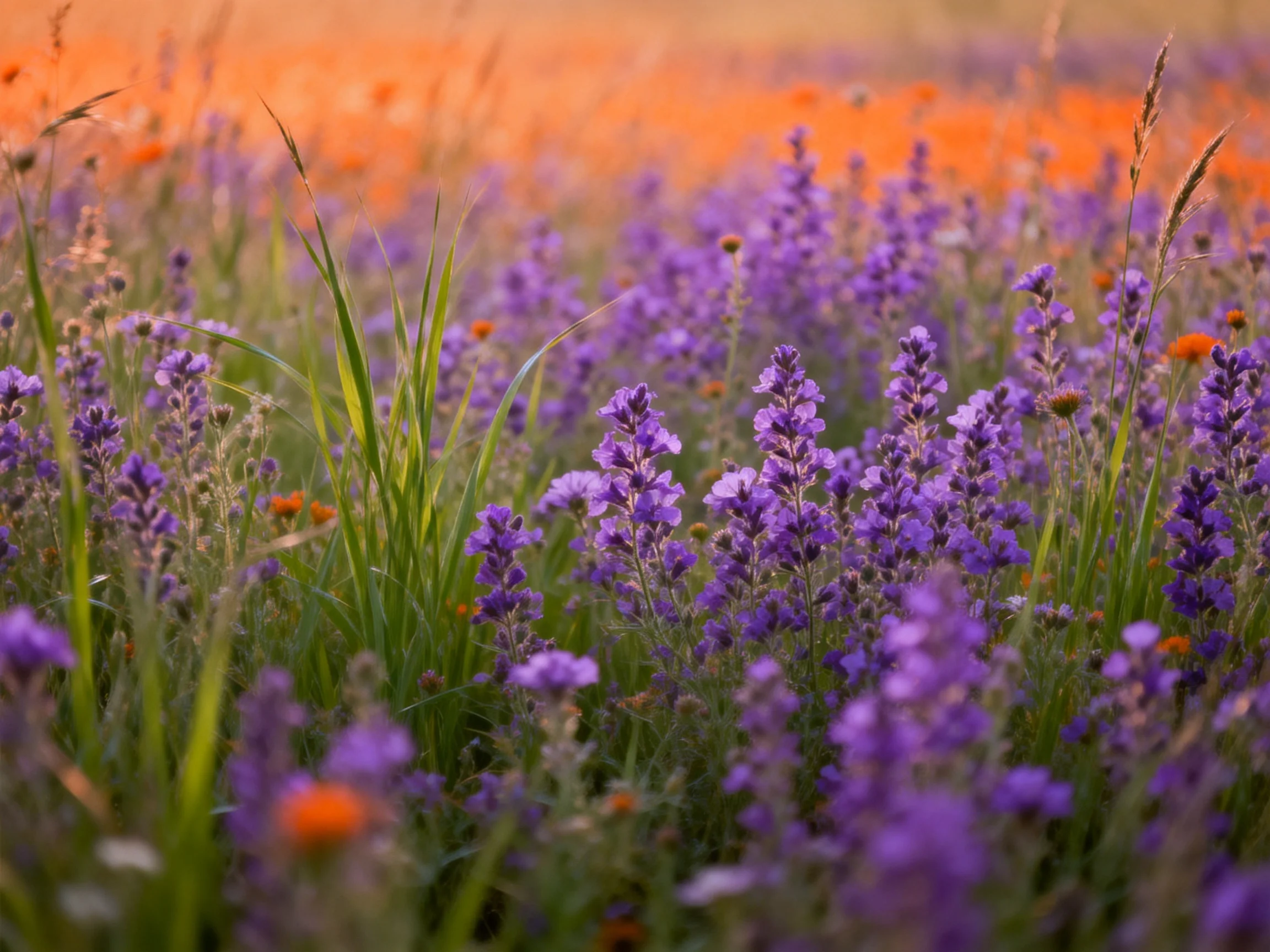 A vibrant field of purple lavender and orange wildflowers
