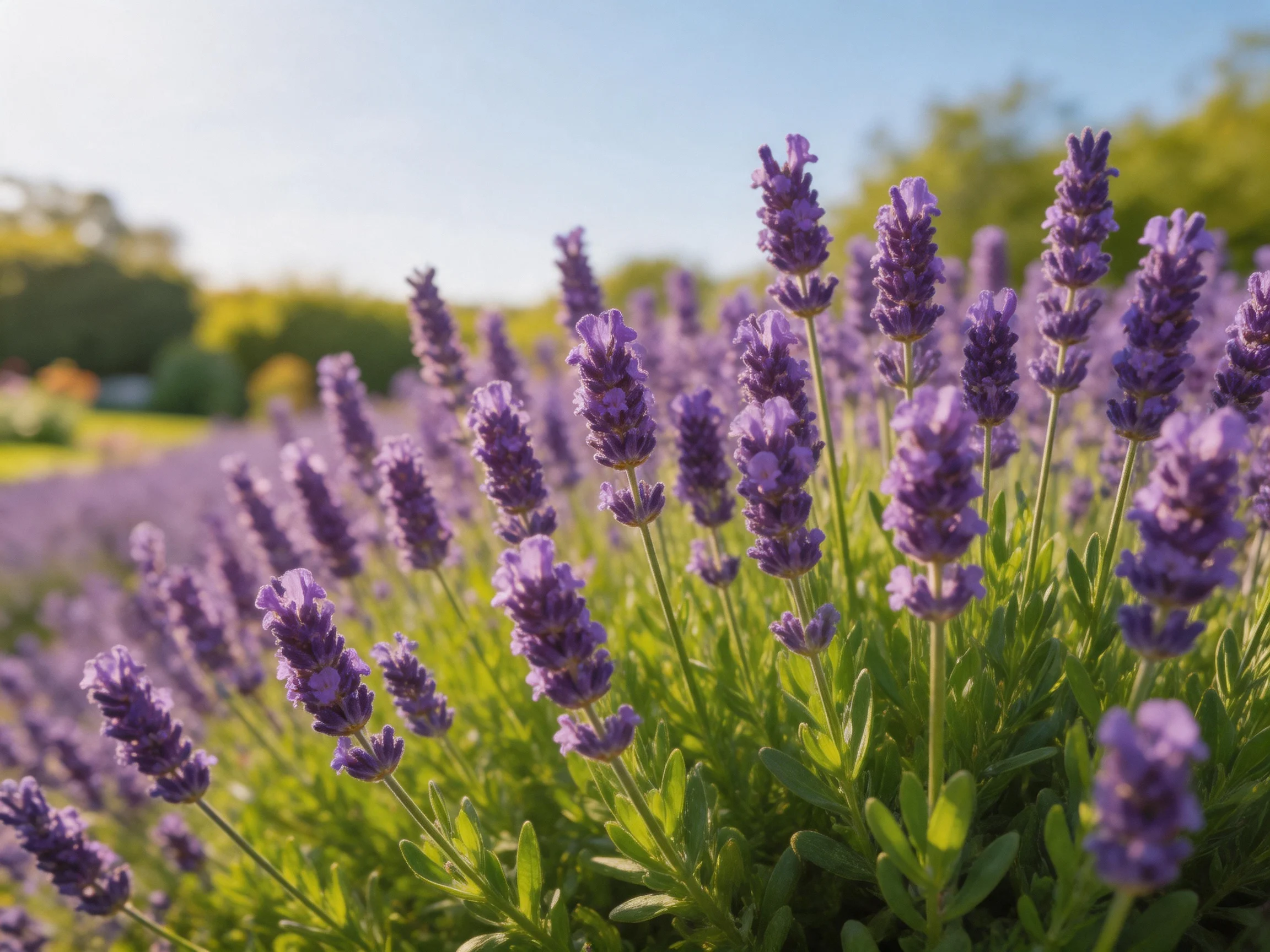 A vibrant field of purple lavender blooms under sunny skies