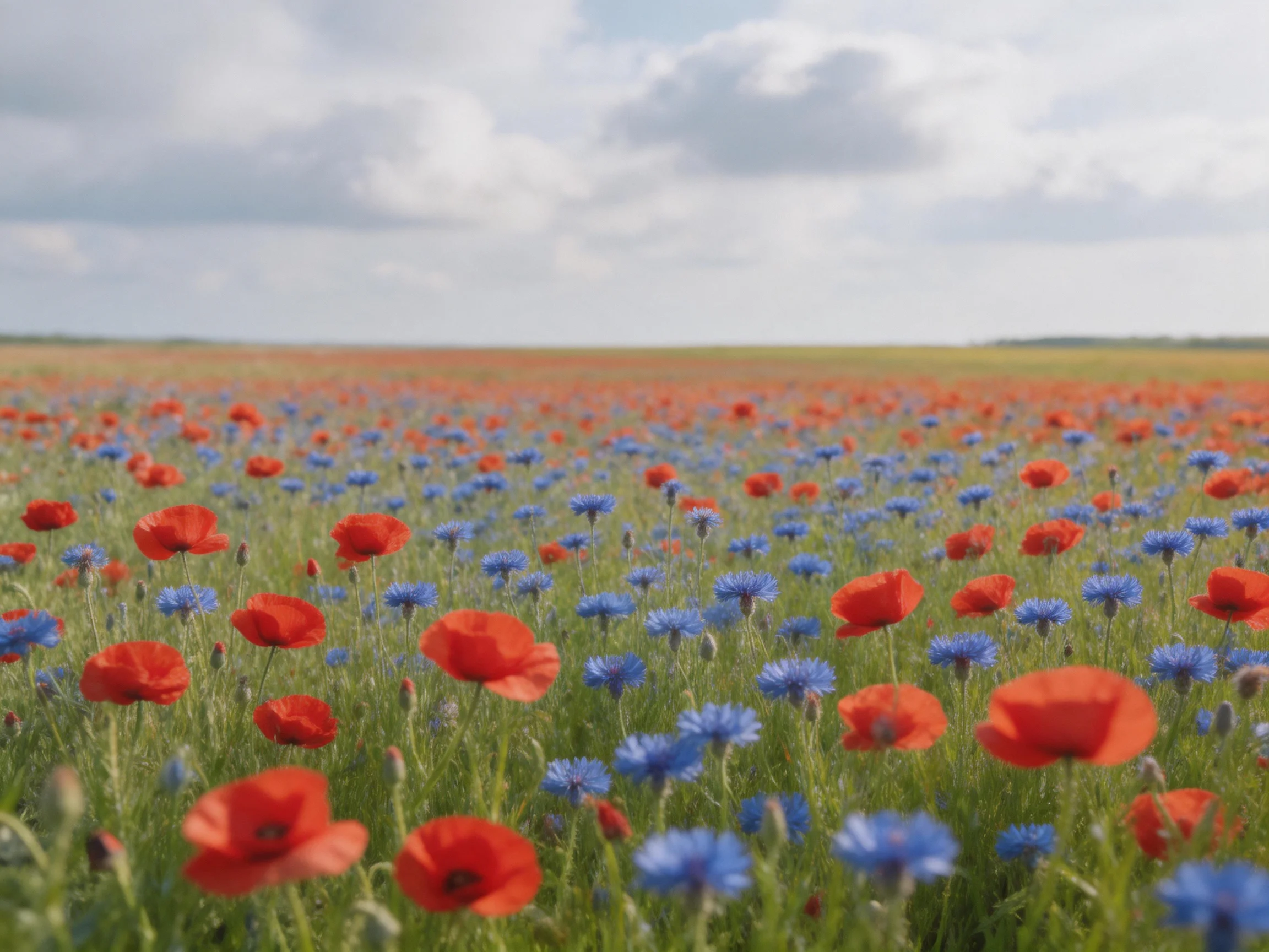 A vibrant field of red poppies and blue cornflowers under a cloudy sky