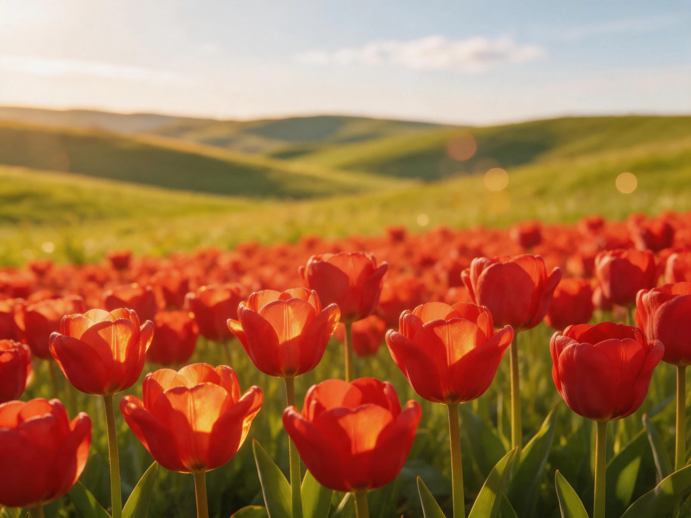 A vibrant field of red tulips stretches toward rolling green hills under bright sunlight