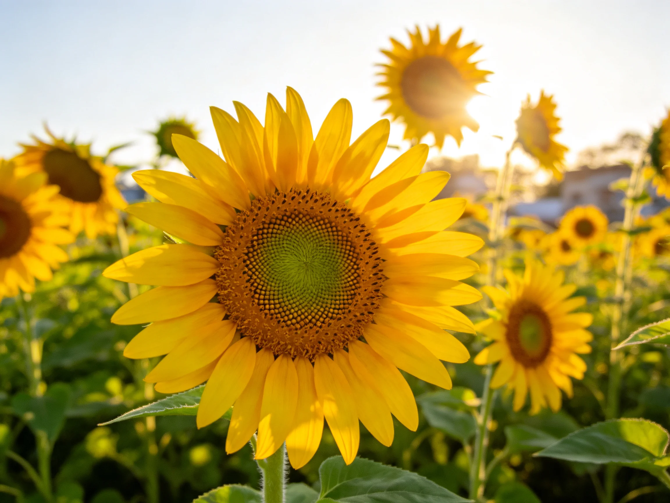A vibrant field of sunflowers with golden petals under warm sunlight