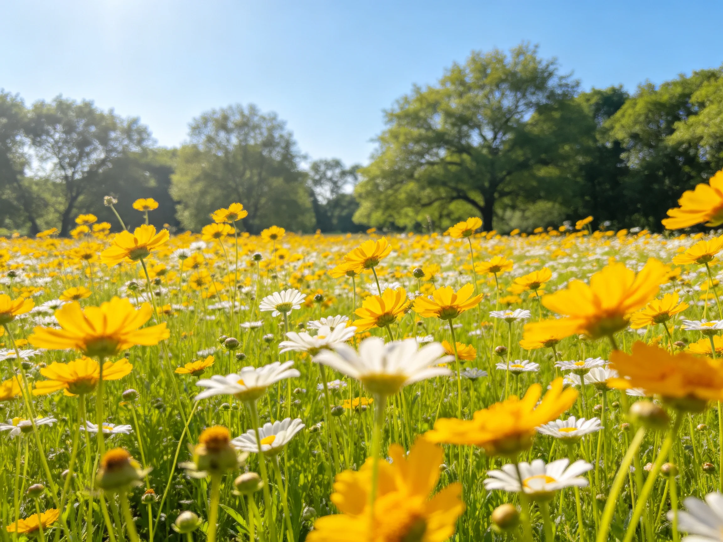 A vibrant field of yellow and white wildflowers beneath lush green trees