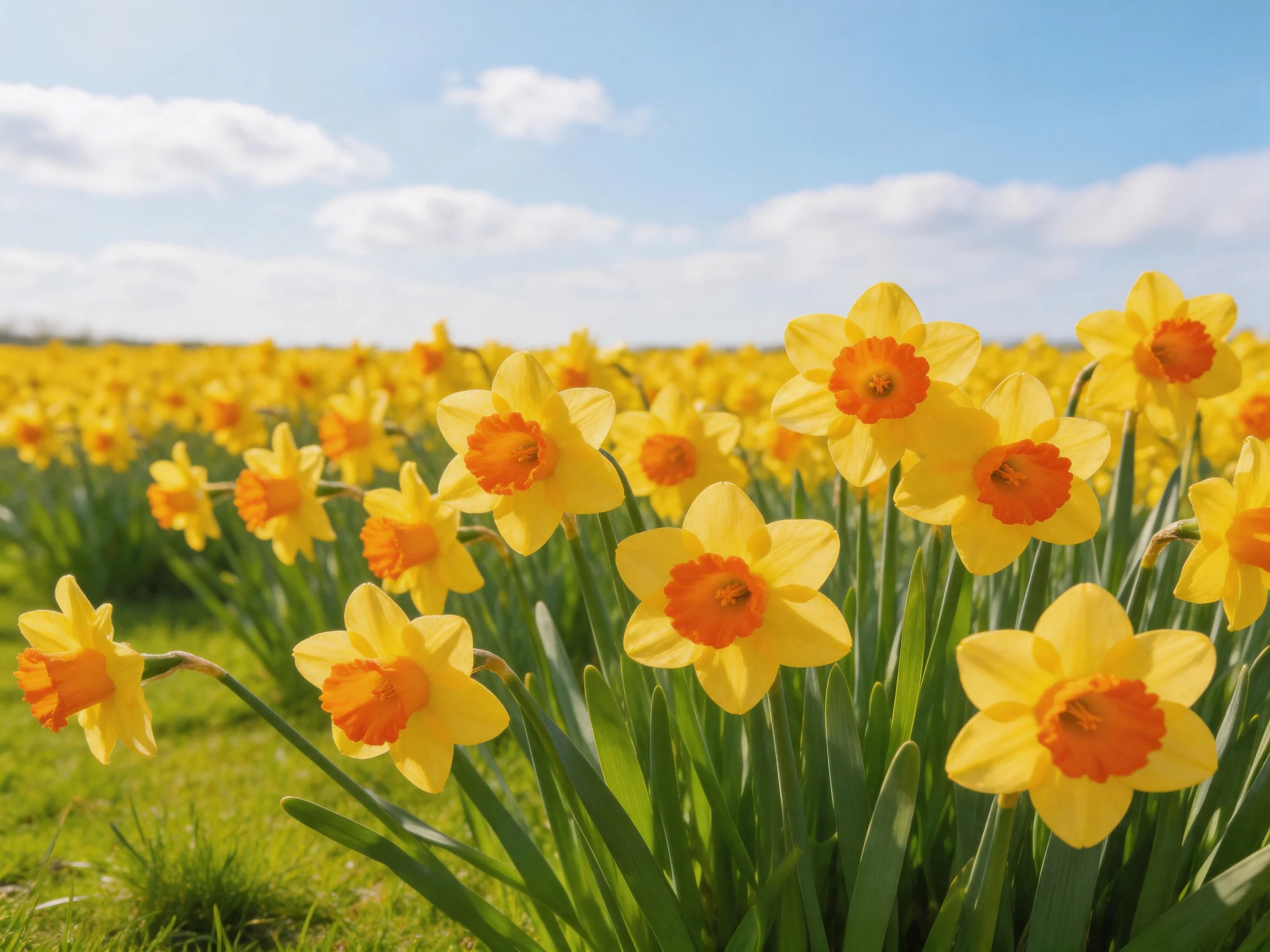 A vibrant field of yellow daffodils blooms under a clear blue sky