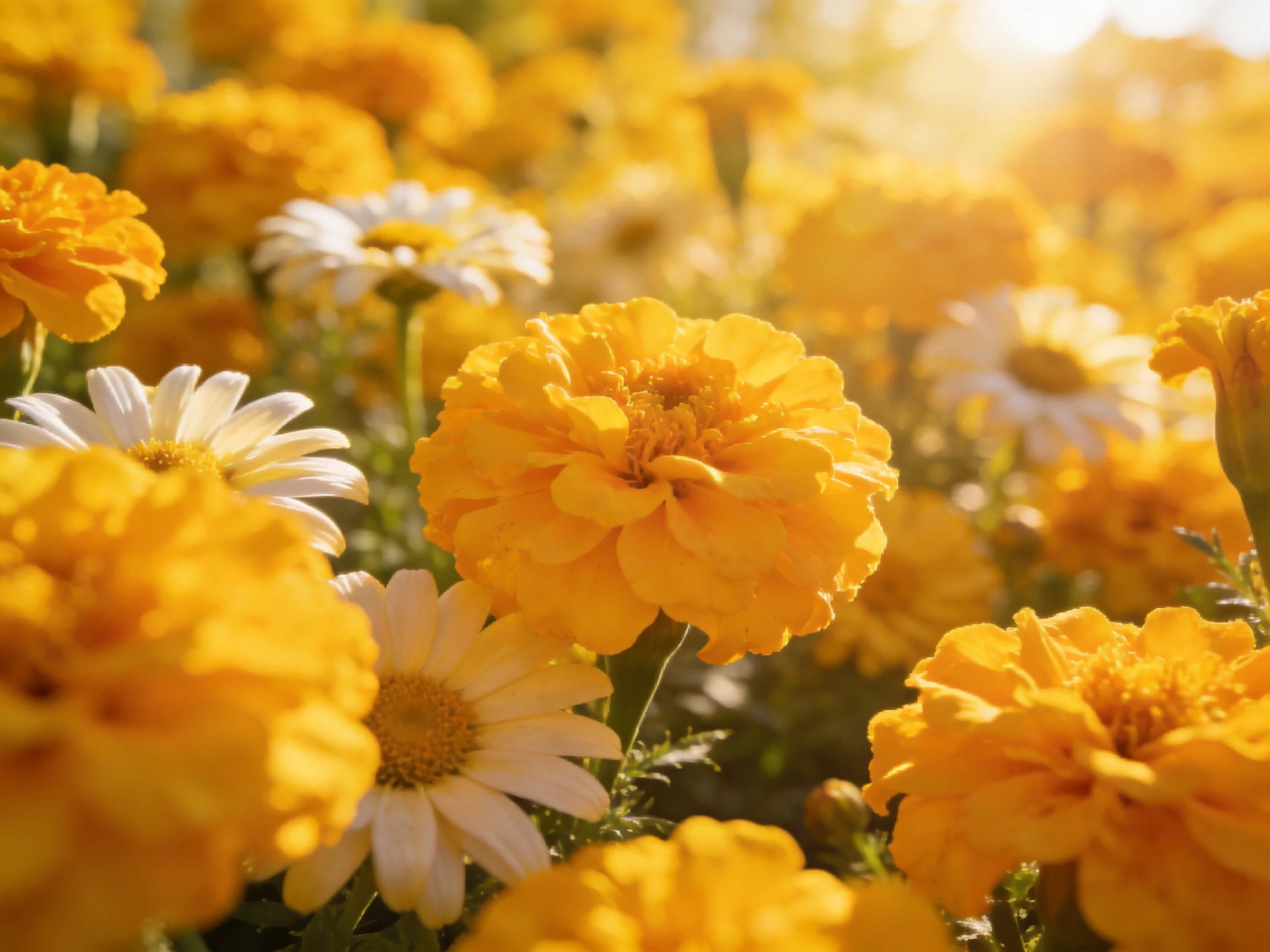 A vibrant field of yellow marigolds and white daisies bathed in golden sunlight
