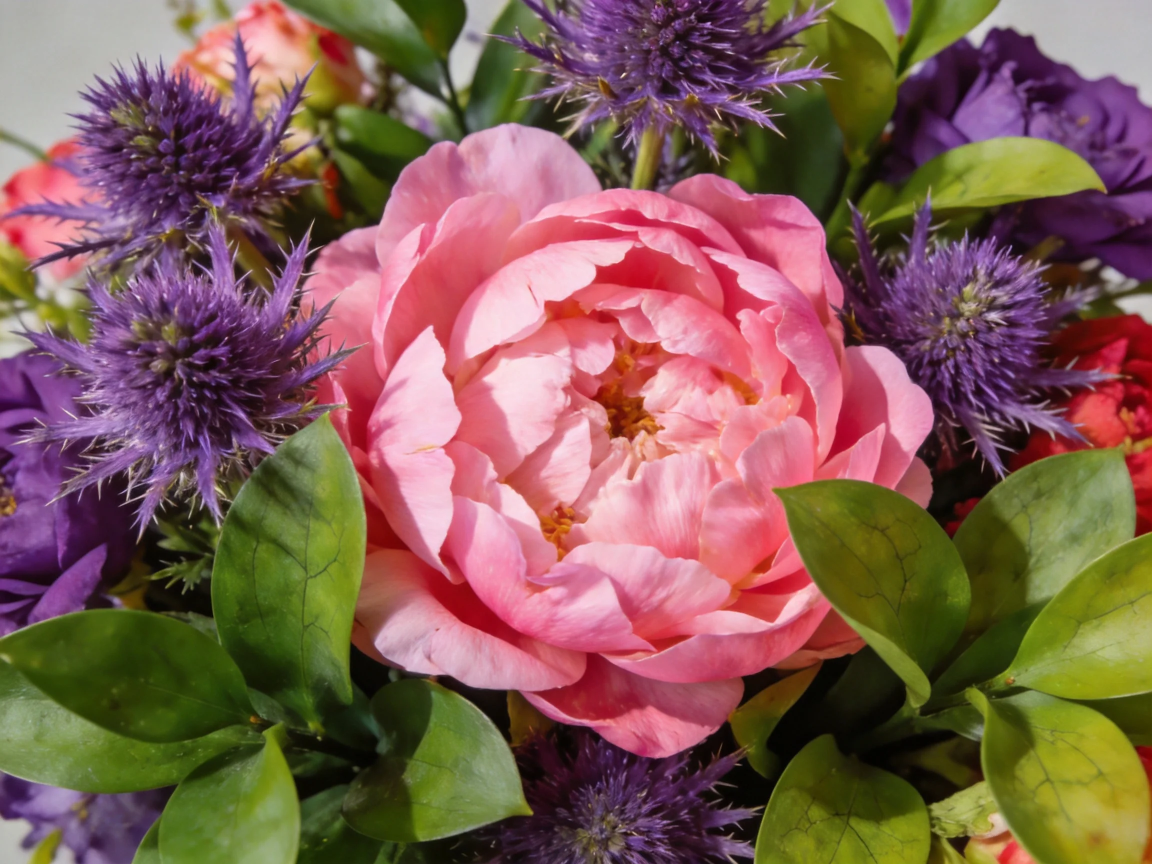 A vibrant floral arrangement with pink peonies, purple blooms, and green leaves