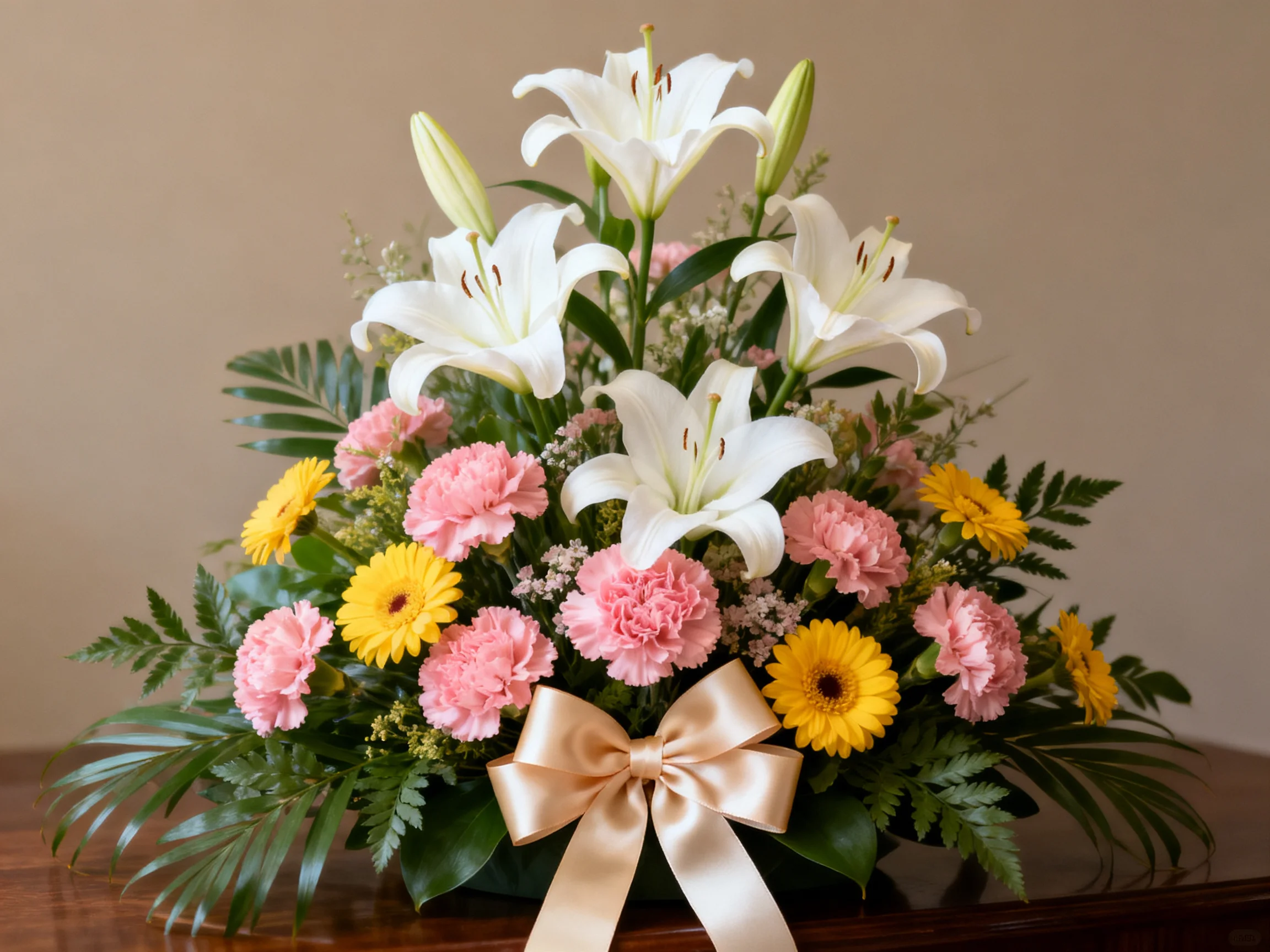 A vibrant floral arrangement with white lilies, pink carnations, and yellow blooms
