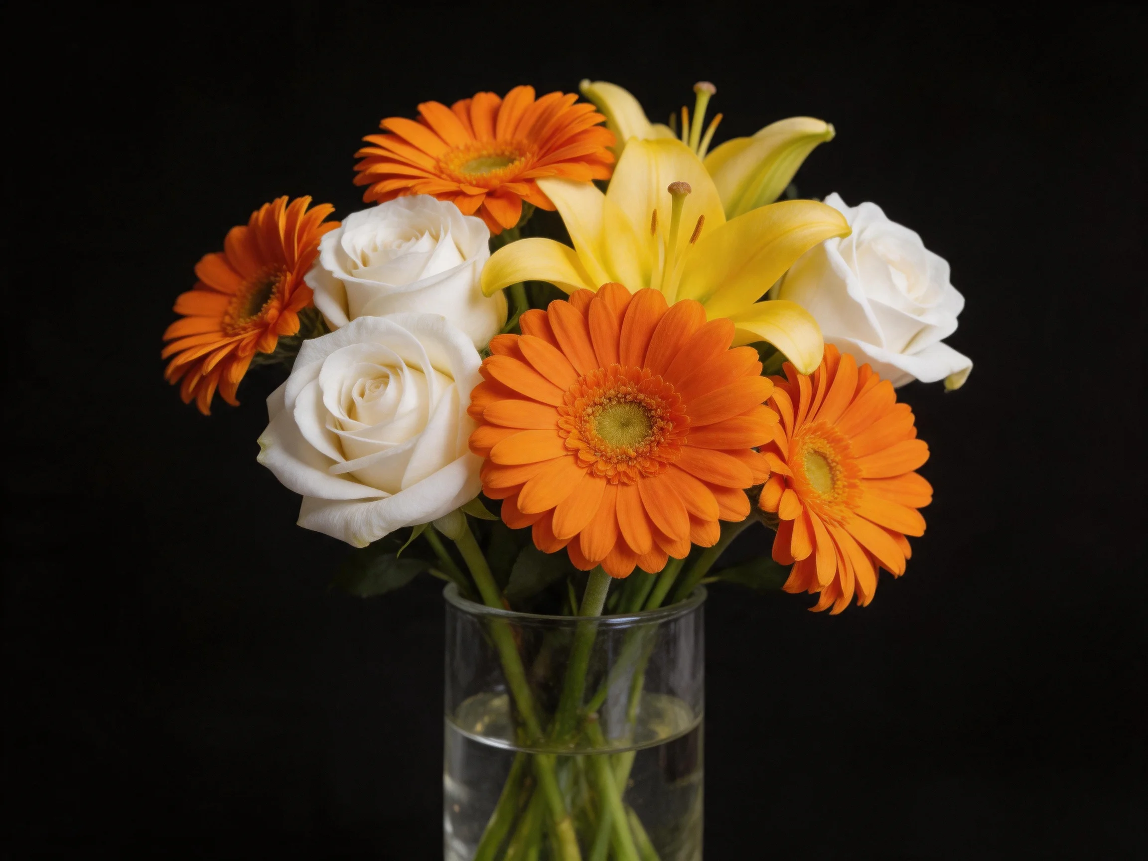 A vibrant floral arrangement with white roses, orange gerbera daisies, and yellow lilies in a glass v