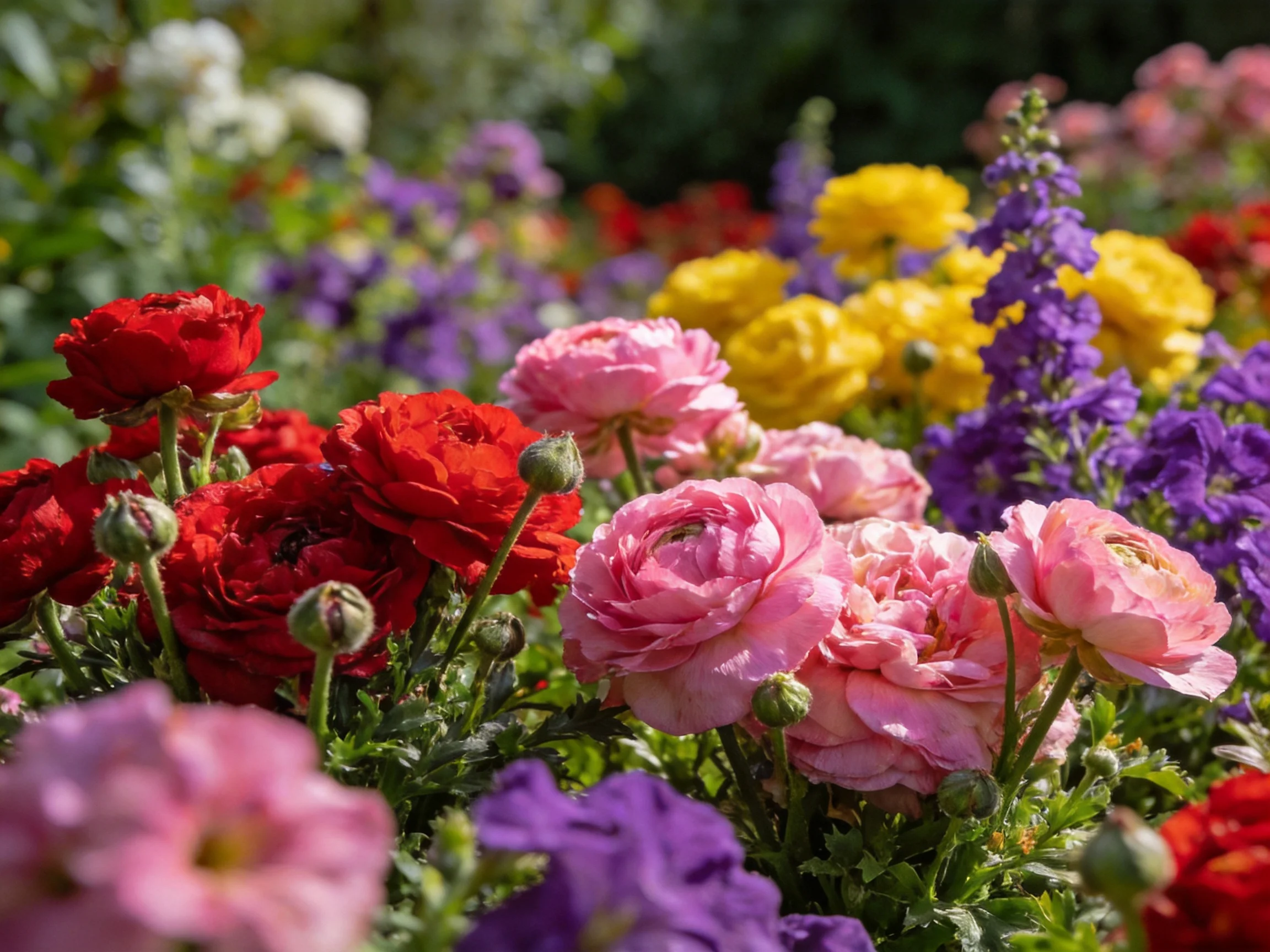 A vibrant flower bed with red, pink, yellow, and purple blooms